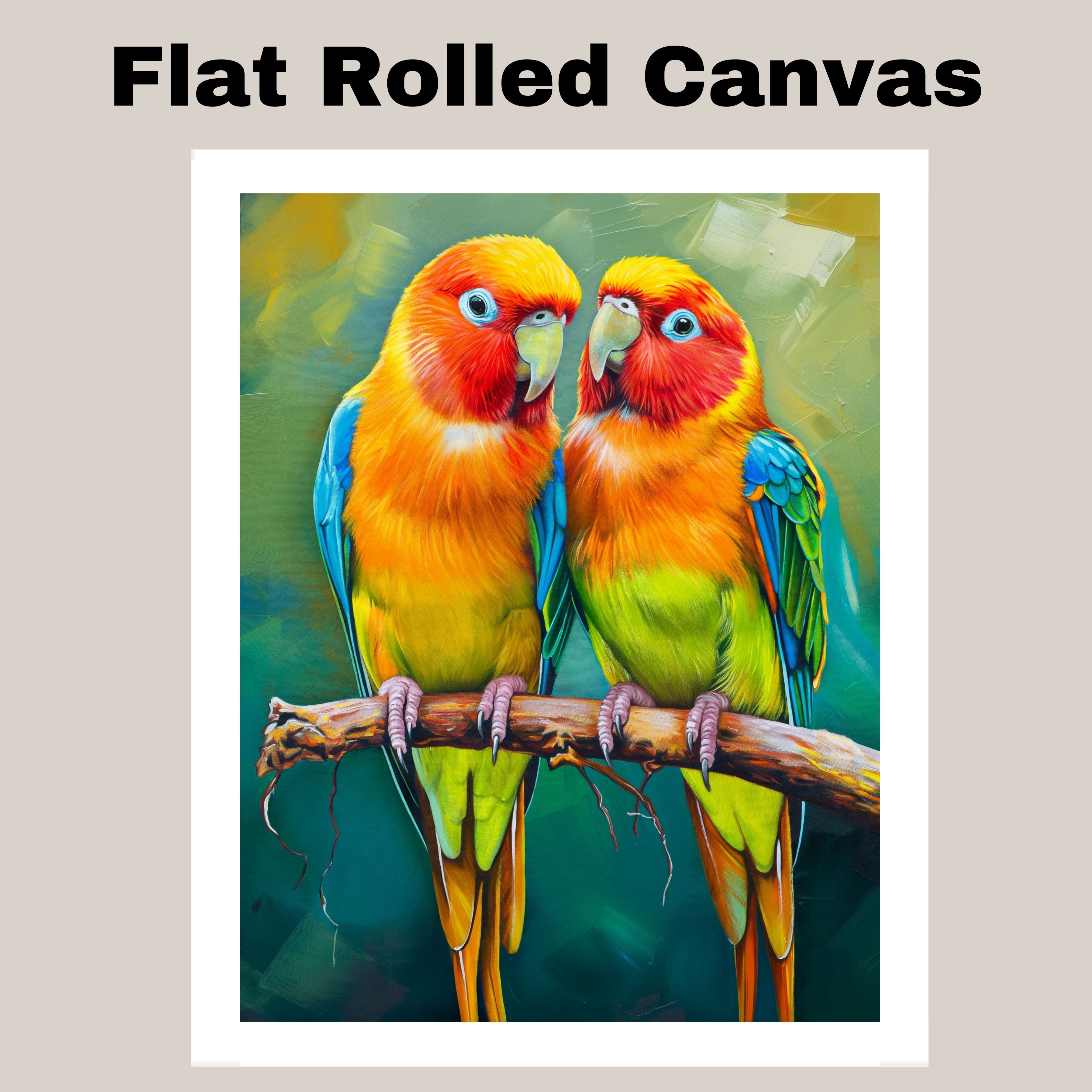 Colorful Parakeet Pair with Teal and Olive Flat Rolled, Framed or Wrapped Canvas