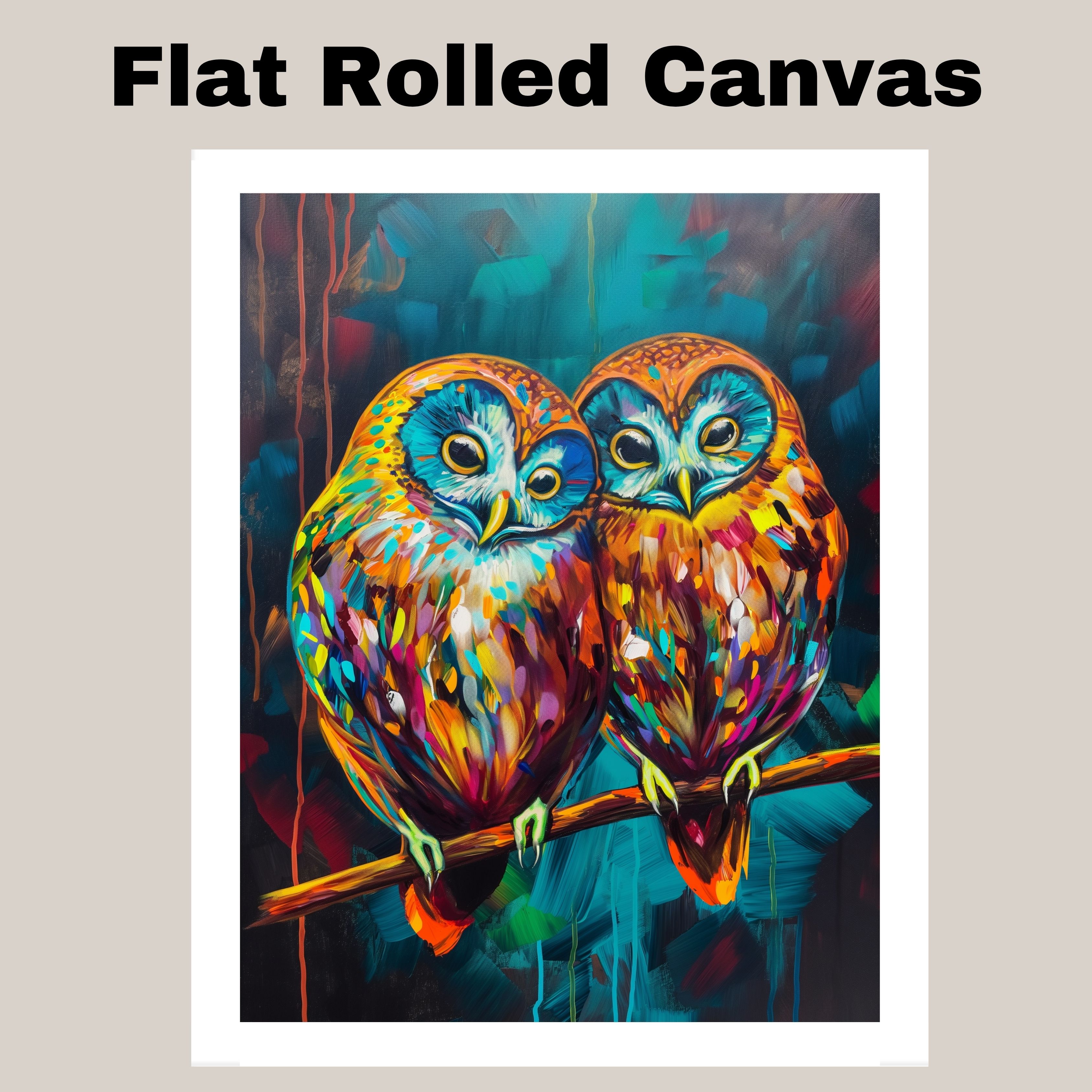 Multicolor Owl Pair Art with Blue Eyes Flat Rolled, Framed or Wrapped Canvas
