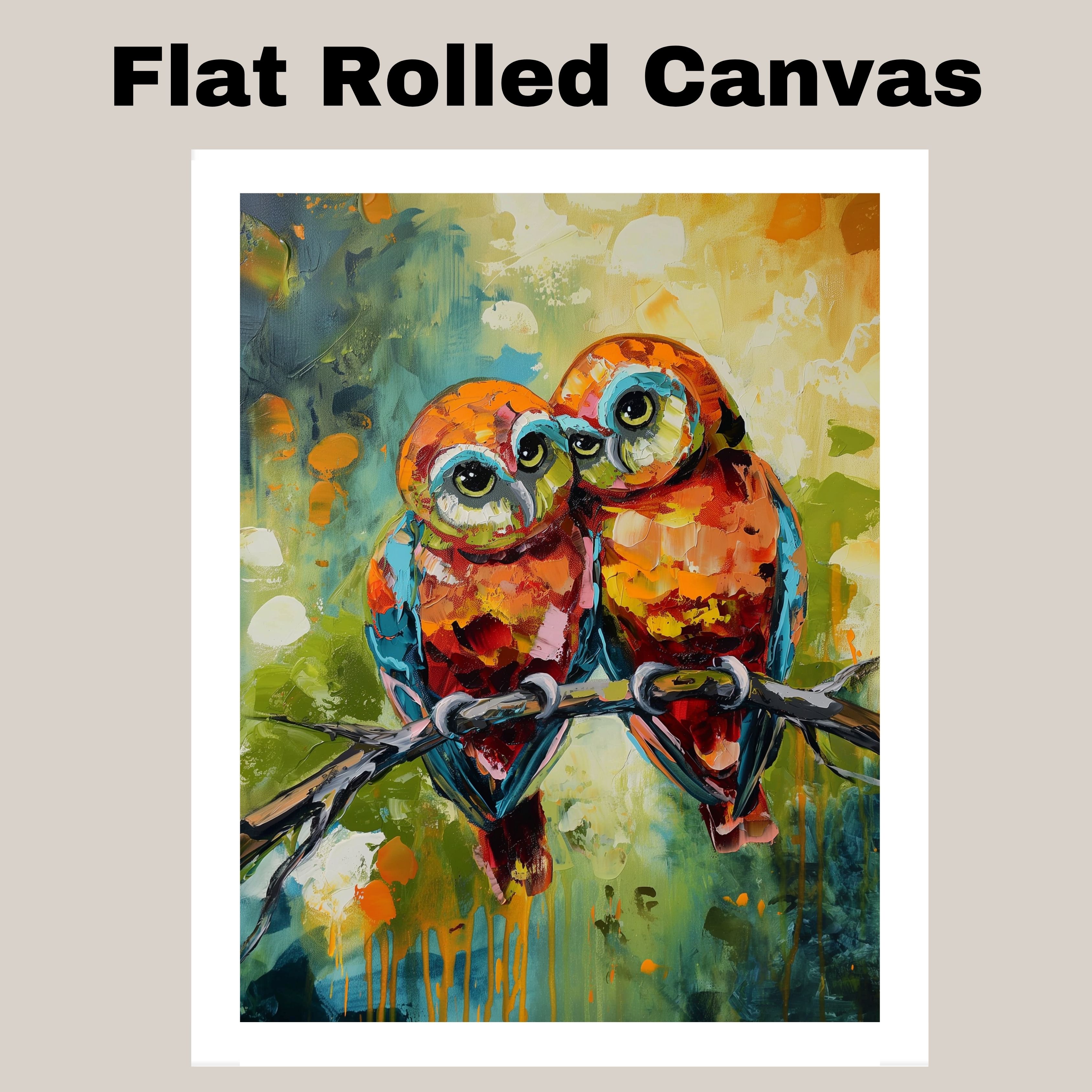 Owl Pair Artin Orange Red and Blue Tones Flat Rolled, Framed or Wrapped Canvas