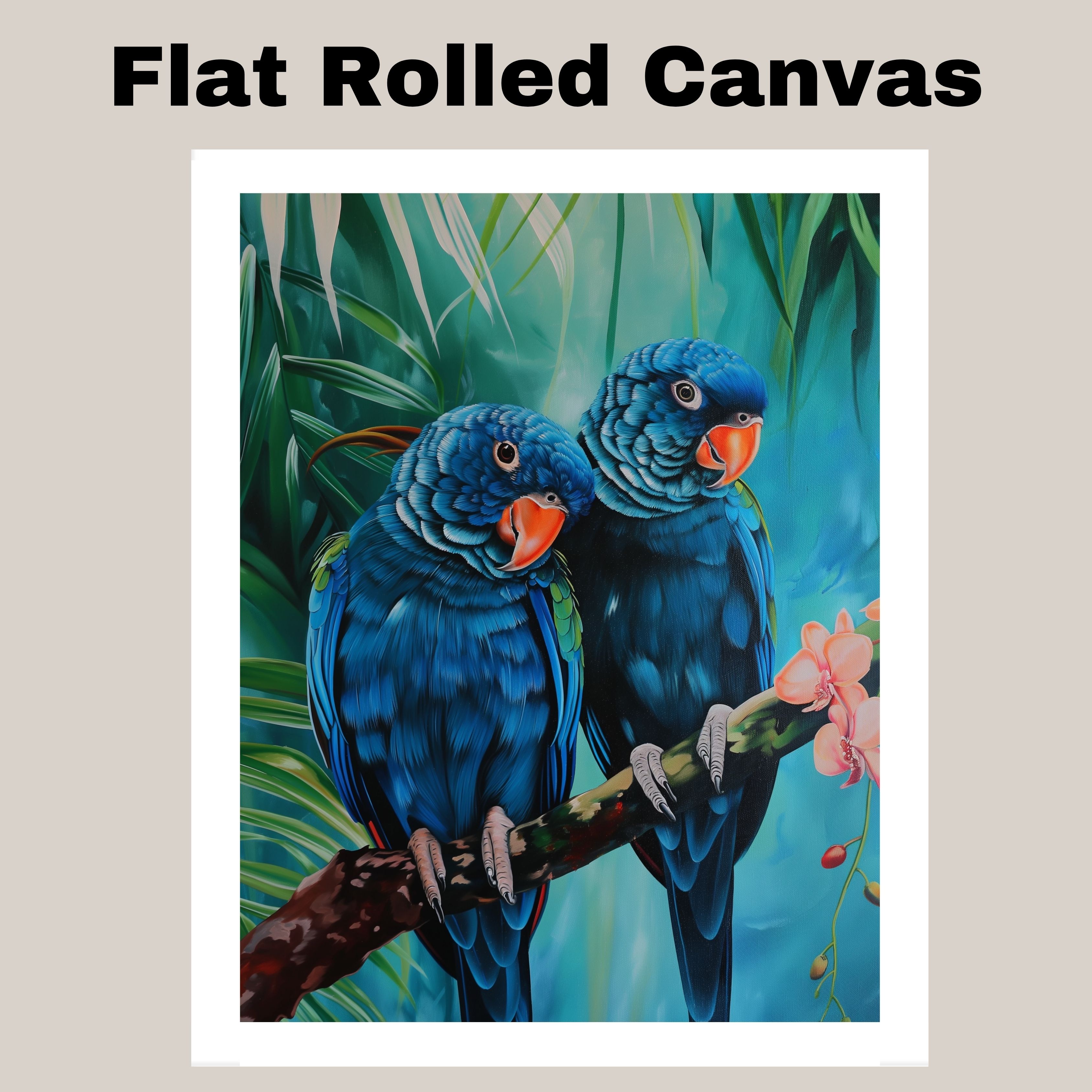 Blue Parrot Pair Art with Tropical Leaves Flat Rolled, Framed or Wrapped Canvas