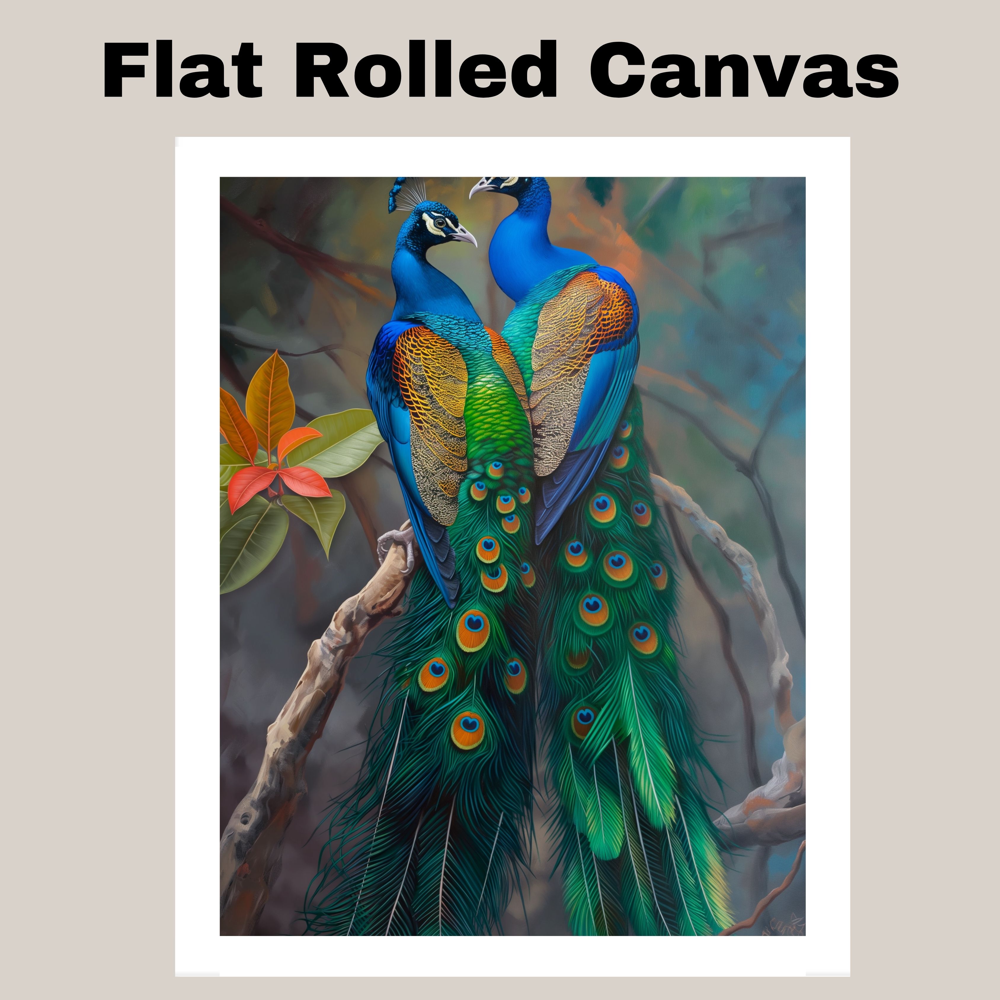 Peacock Pair Art with Lush Tail Feathers Flat Rolled, Framed or Wrapped Canvas
