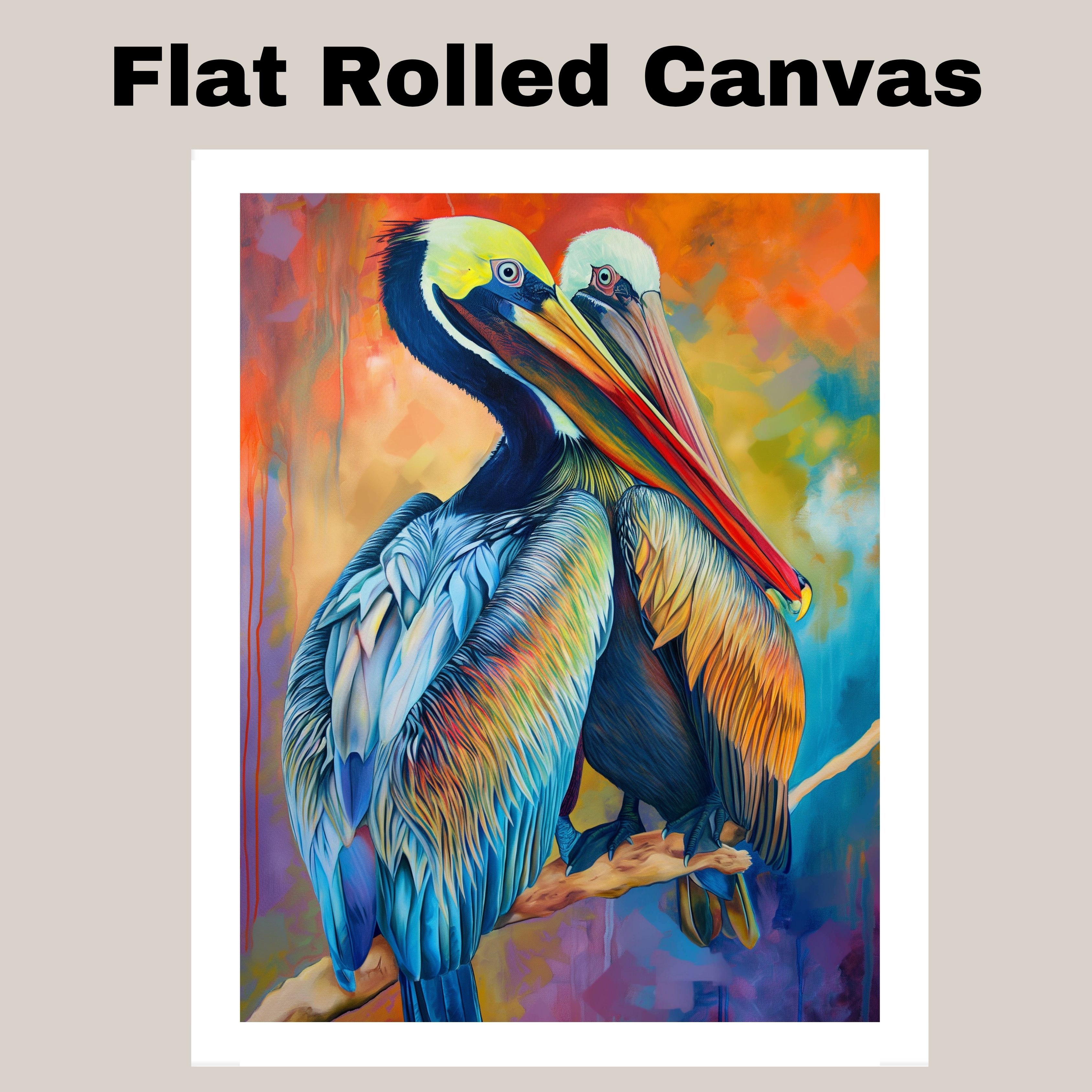 Pelican Pair Artwith Bold Sunset Tones Flat Rolled, Framed or Wrapped Canvas