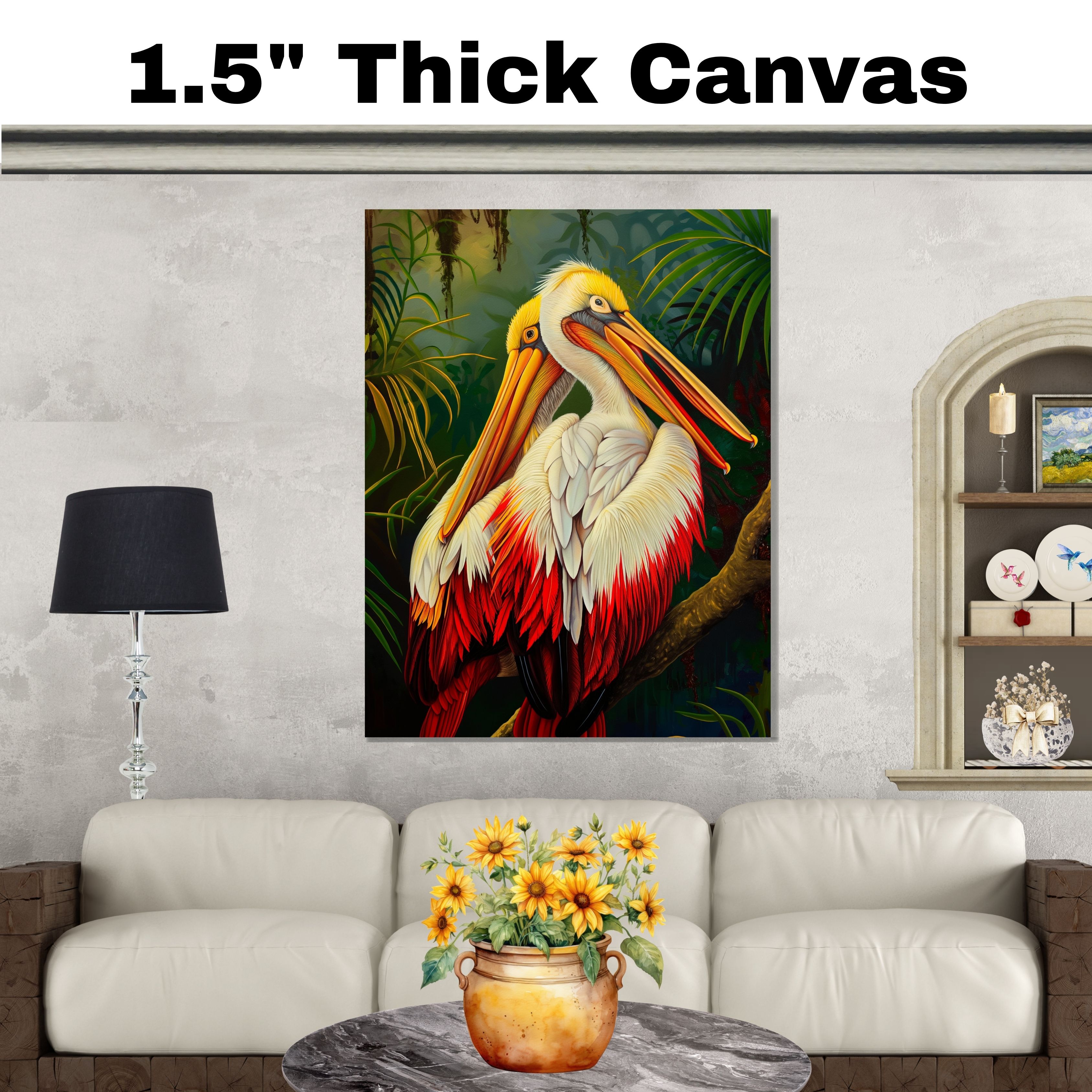 White and Red Pelican in Lush Jungle Art Flat Rolled, Framed or Wrapped Canvas - Picture 19 of 19