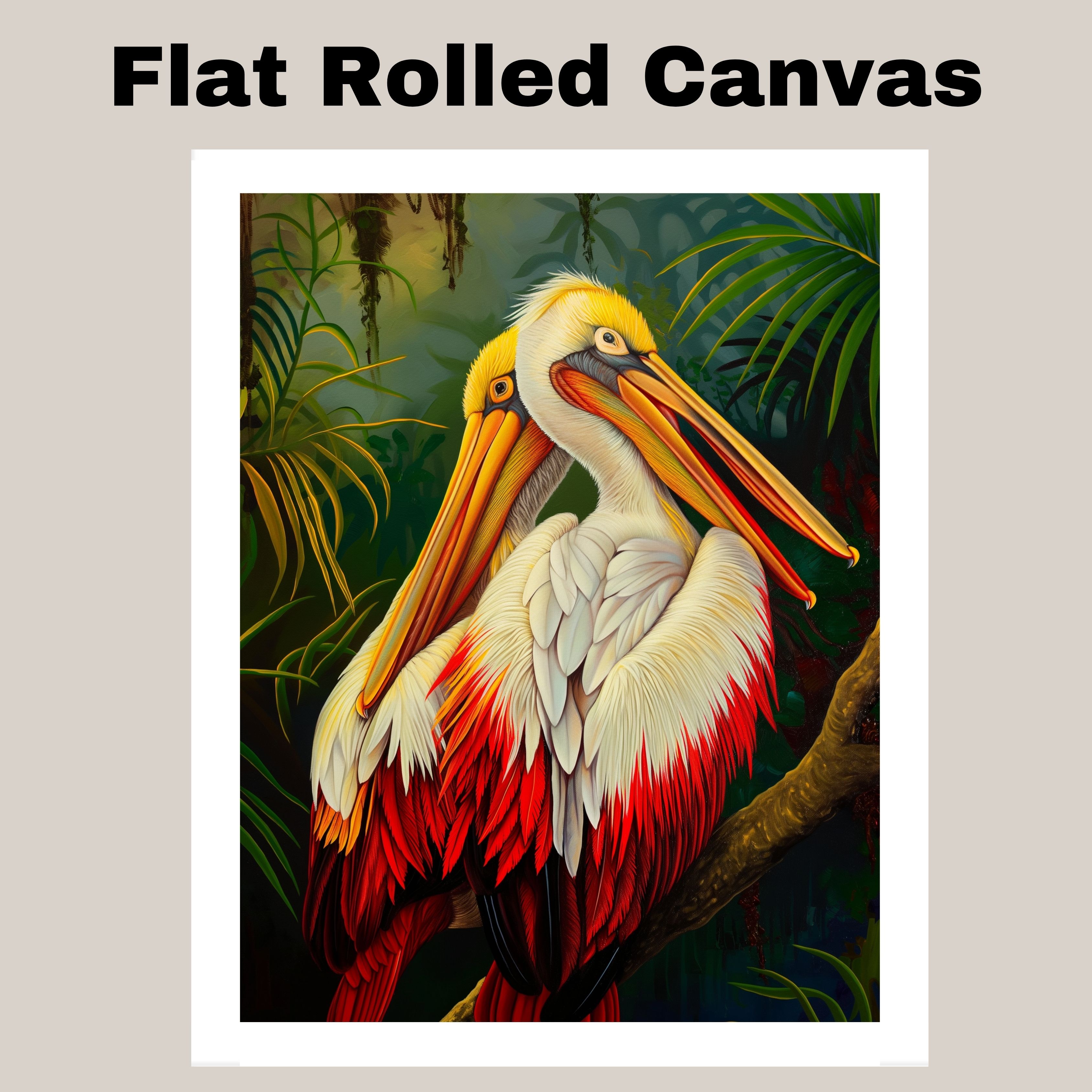 White and Red Pelican in Lush Jungle Art Flat Rolled, Framed or Wrapped Canvas - Picture 18 of 19