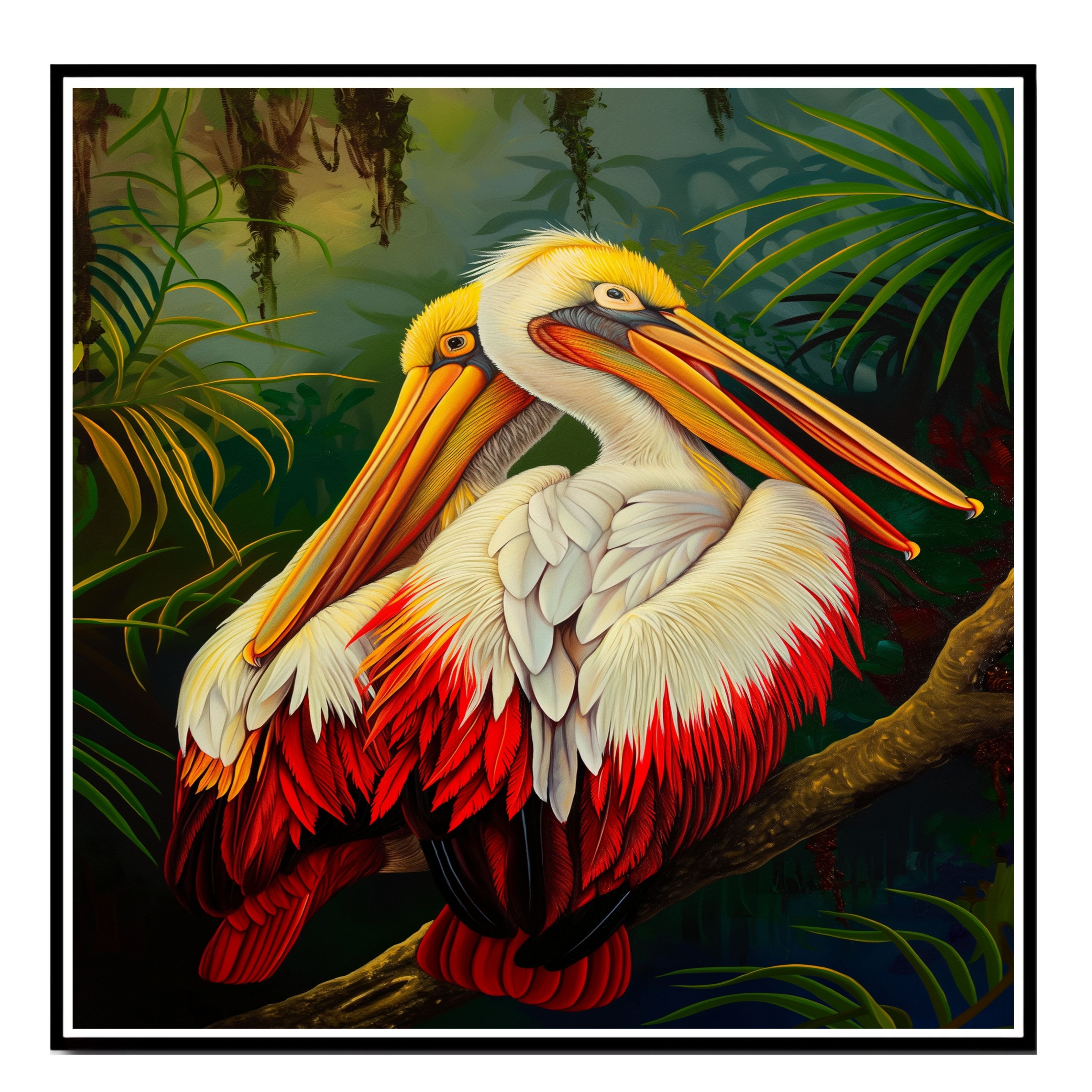 White and Red Pelican in Lush Jungle Art Flat Rolled, Framed or Wrapped Canvas - Picture 15 of 19