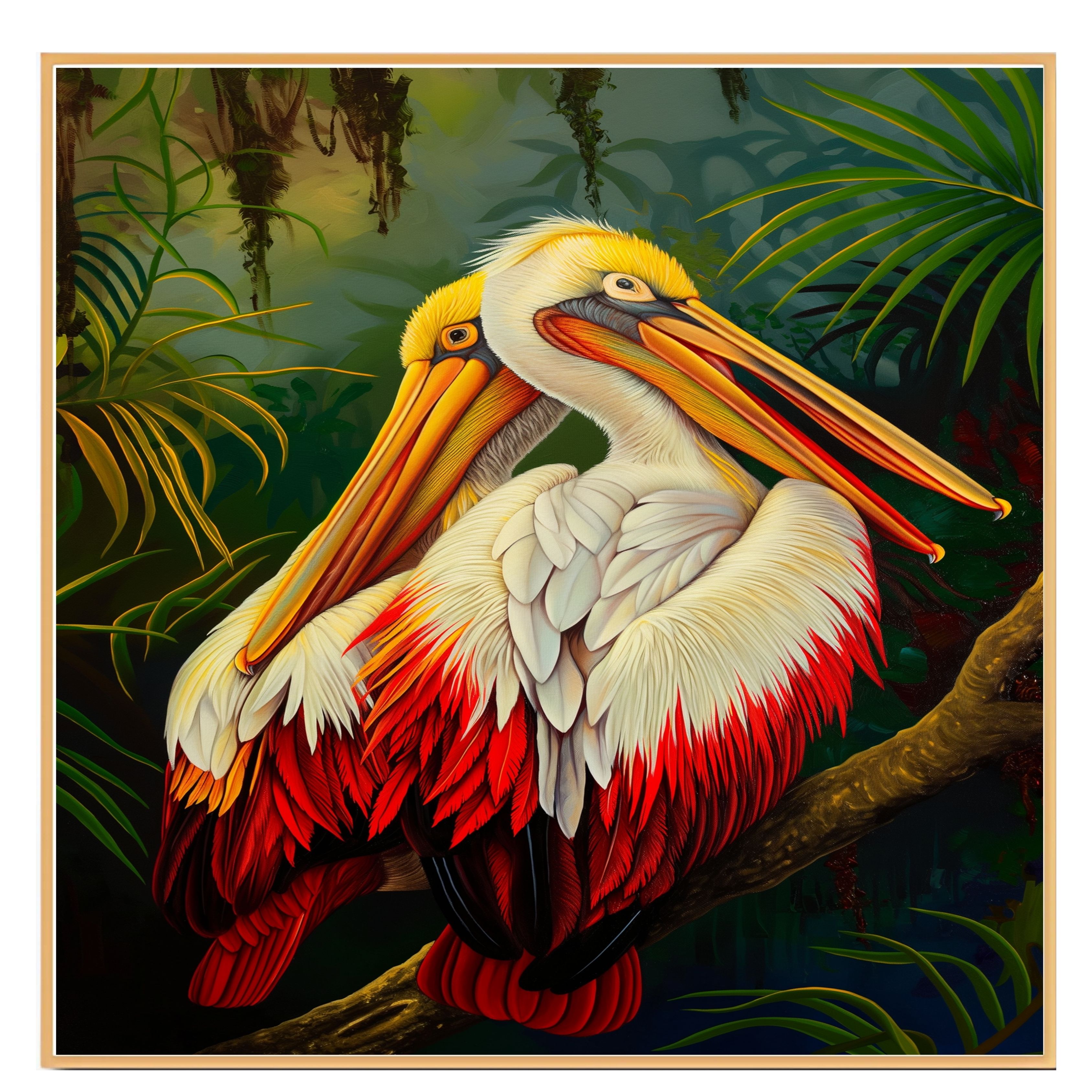 White and Red Pelican in Lush Jungle Art Flat Rolled, Framed or Wrapped Canvas - Picture 17 of 19