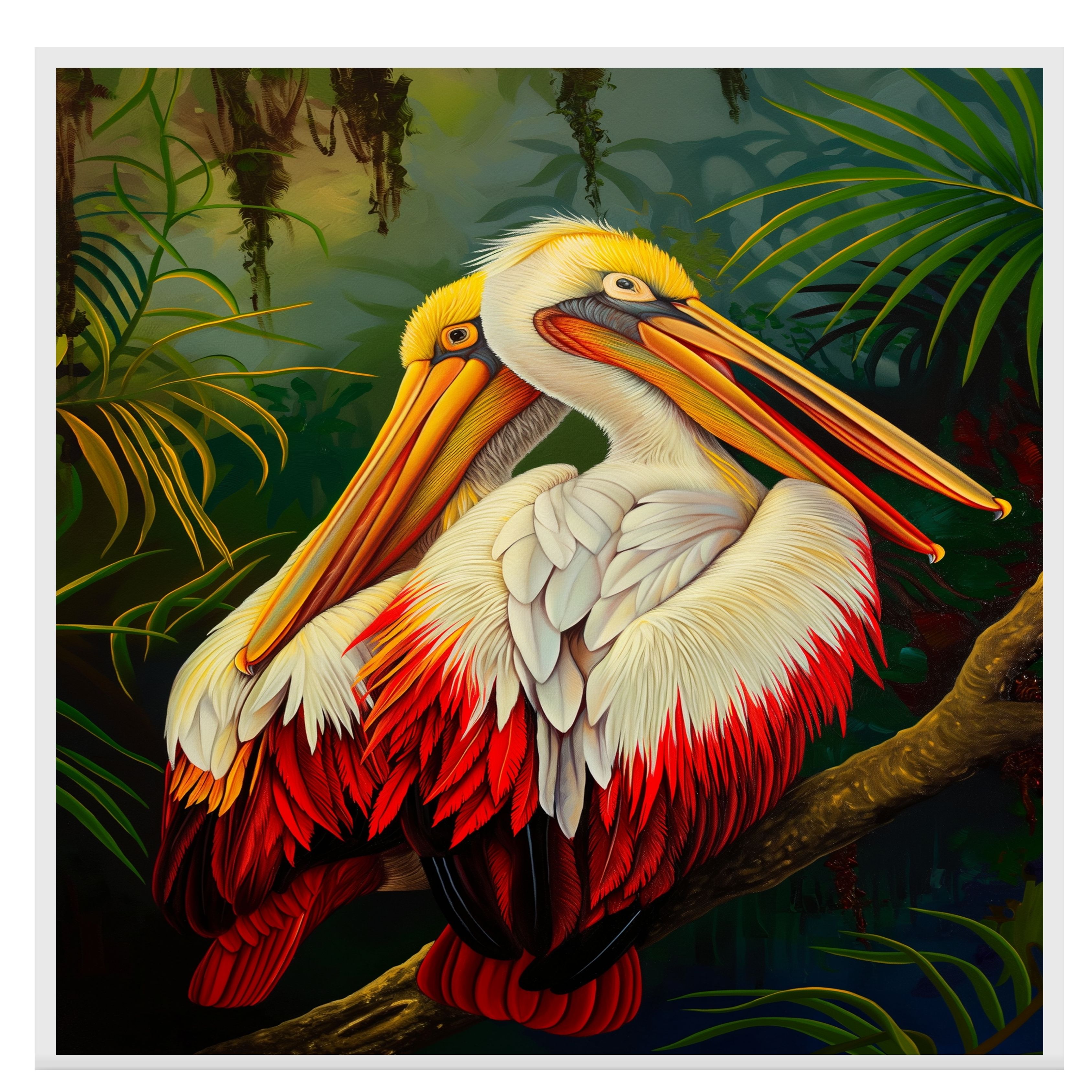 White and Red Pelican in Lush Jungle Art Flat Rolled, Framed or Wrapped Canvas - Picture 16 of 19