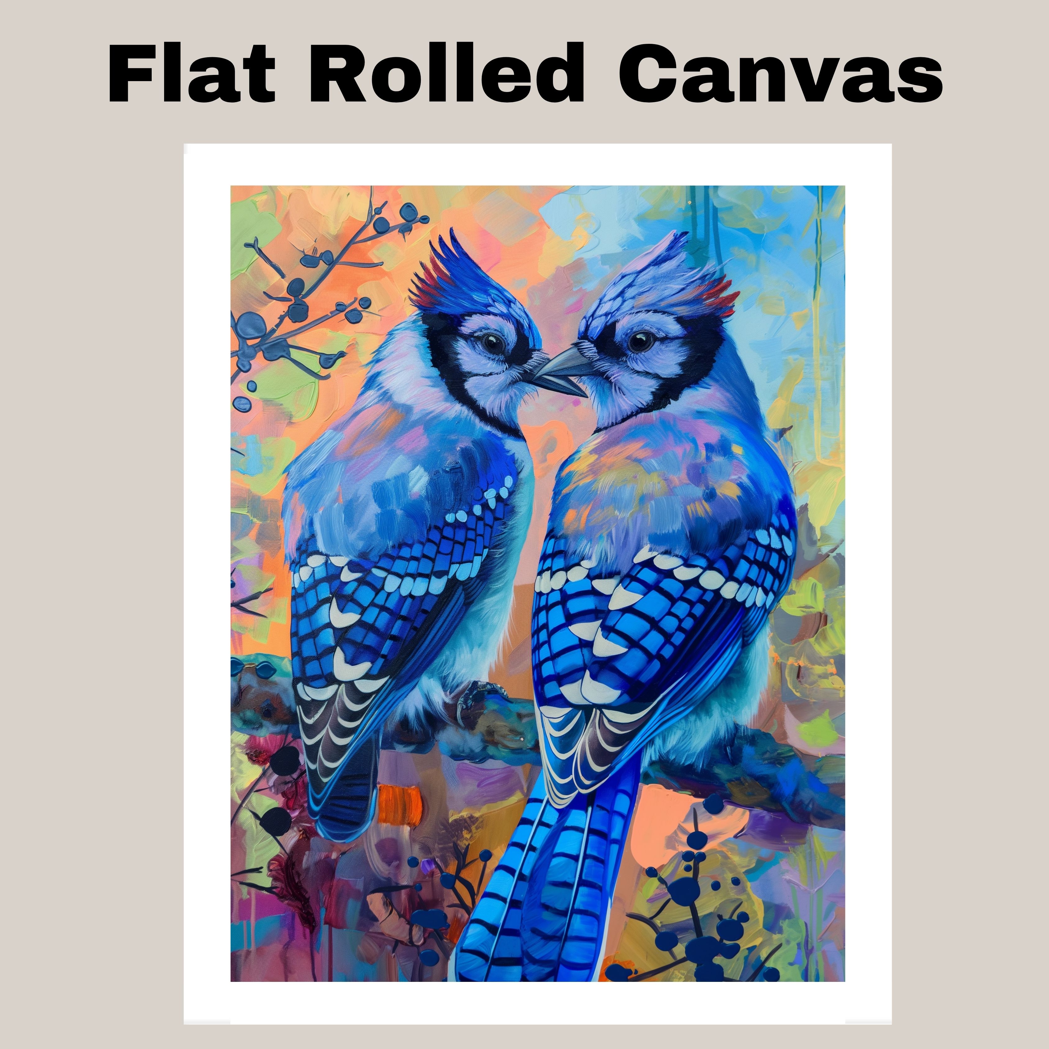 Blue Jay Pair in Multicolor Background Flat Rolled, Framed or Wrapped Canvas
