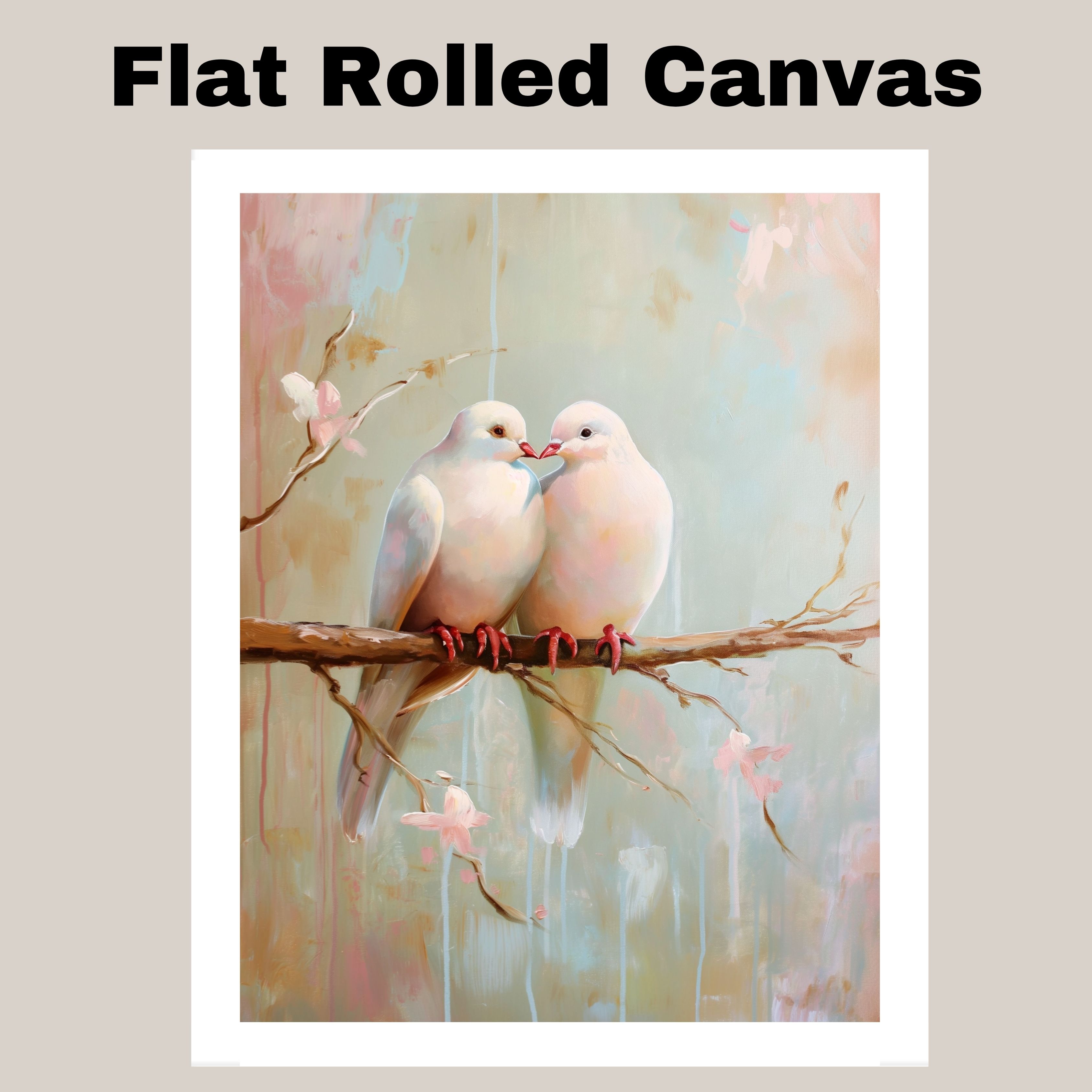 White Dove Couple Art in Pastel Blossoms Flat Rolled, Framed or Wrapped Canvas