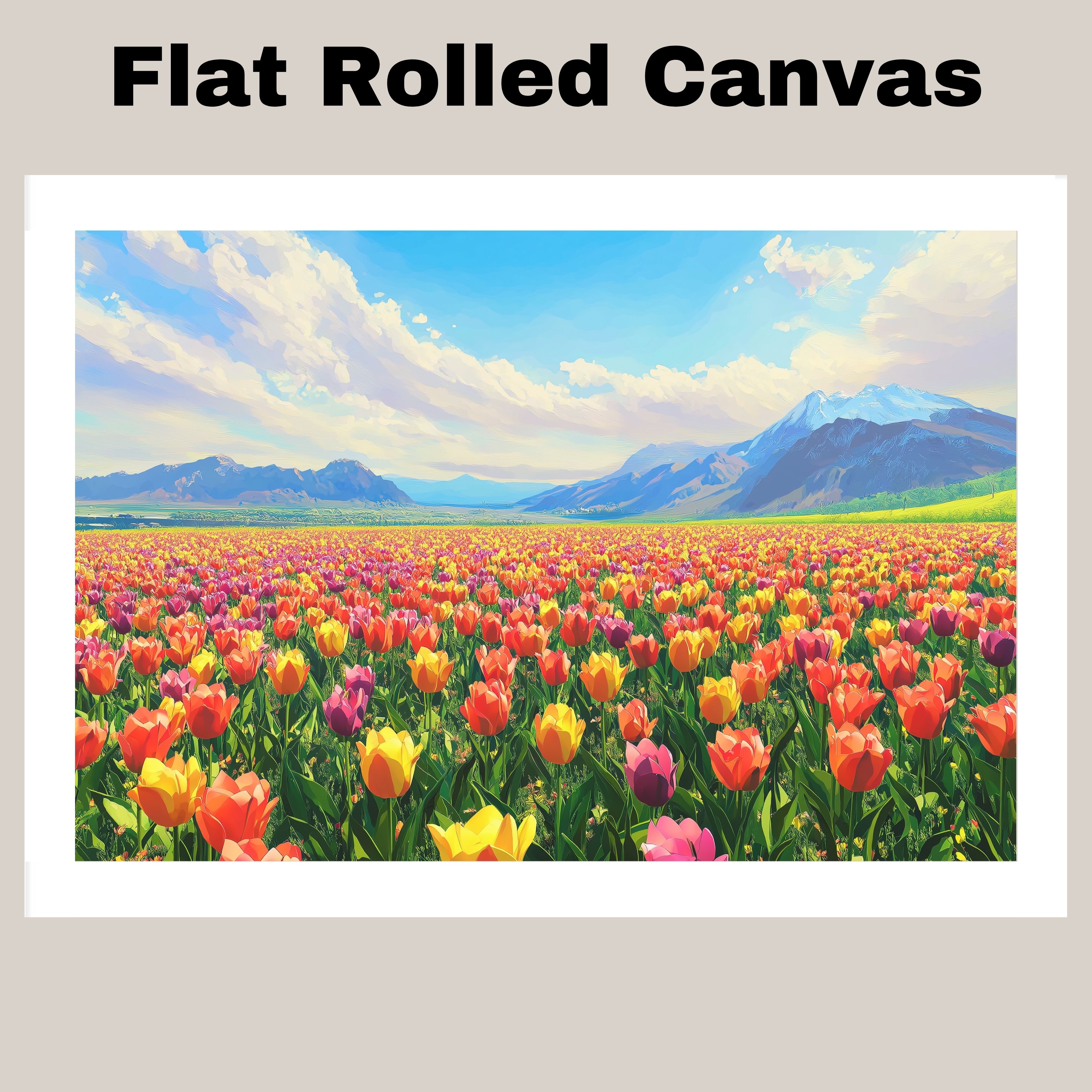 Colorful Tulip Field with Mountains Flat Rolled, Framed or Wrapped Canvas