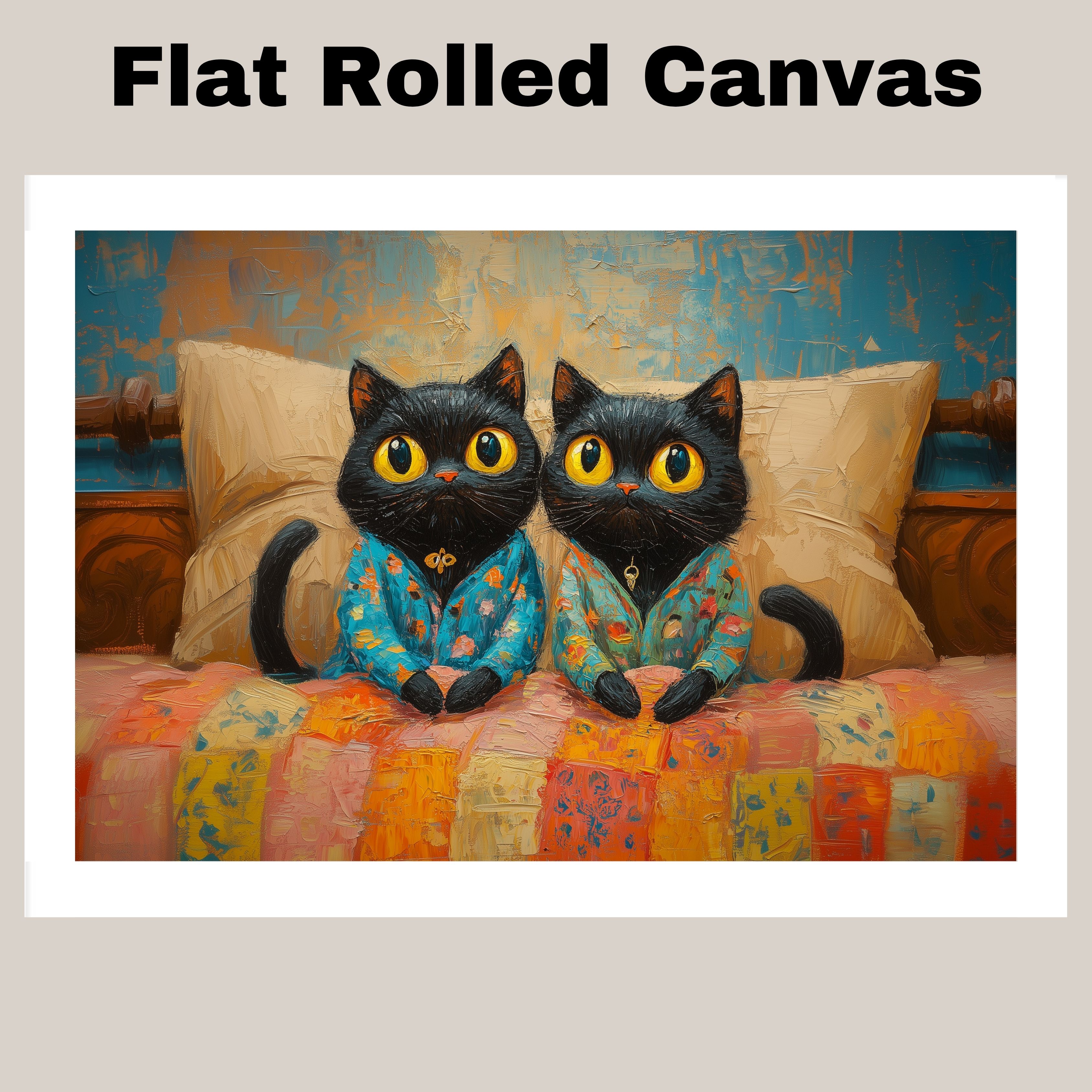 Black Cats in Pajamas on Bed Art Lovers Flat Rolled, Framed or Wrapped Canvas
