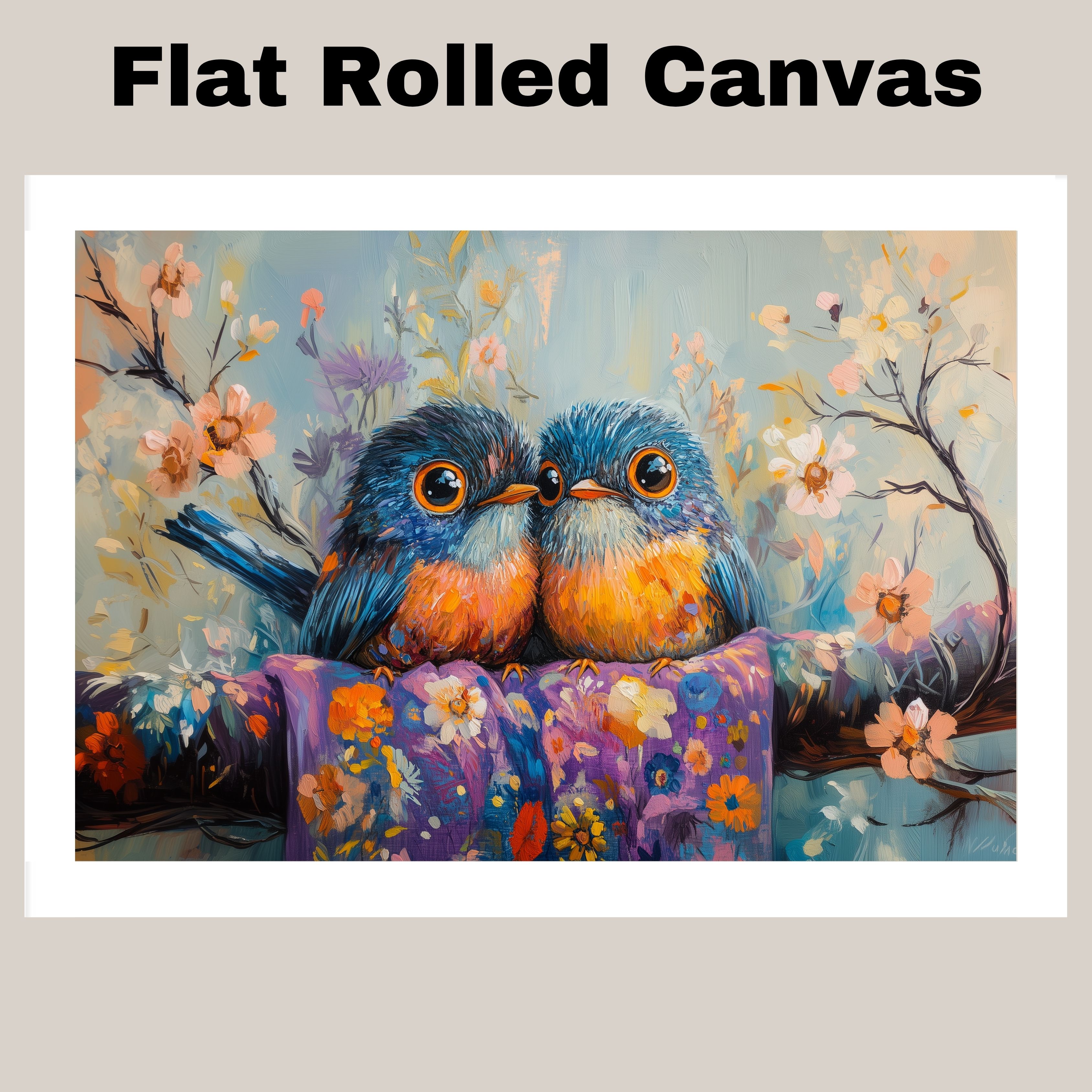 Colorful Birds on Floral Branch in Spring Flat Rolled, Framed or Wrapped Canvas