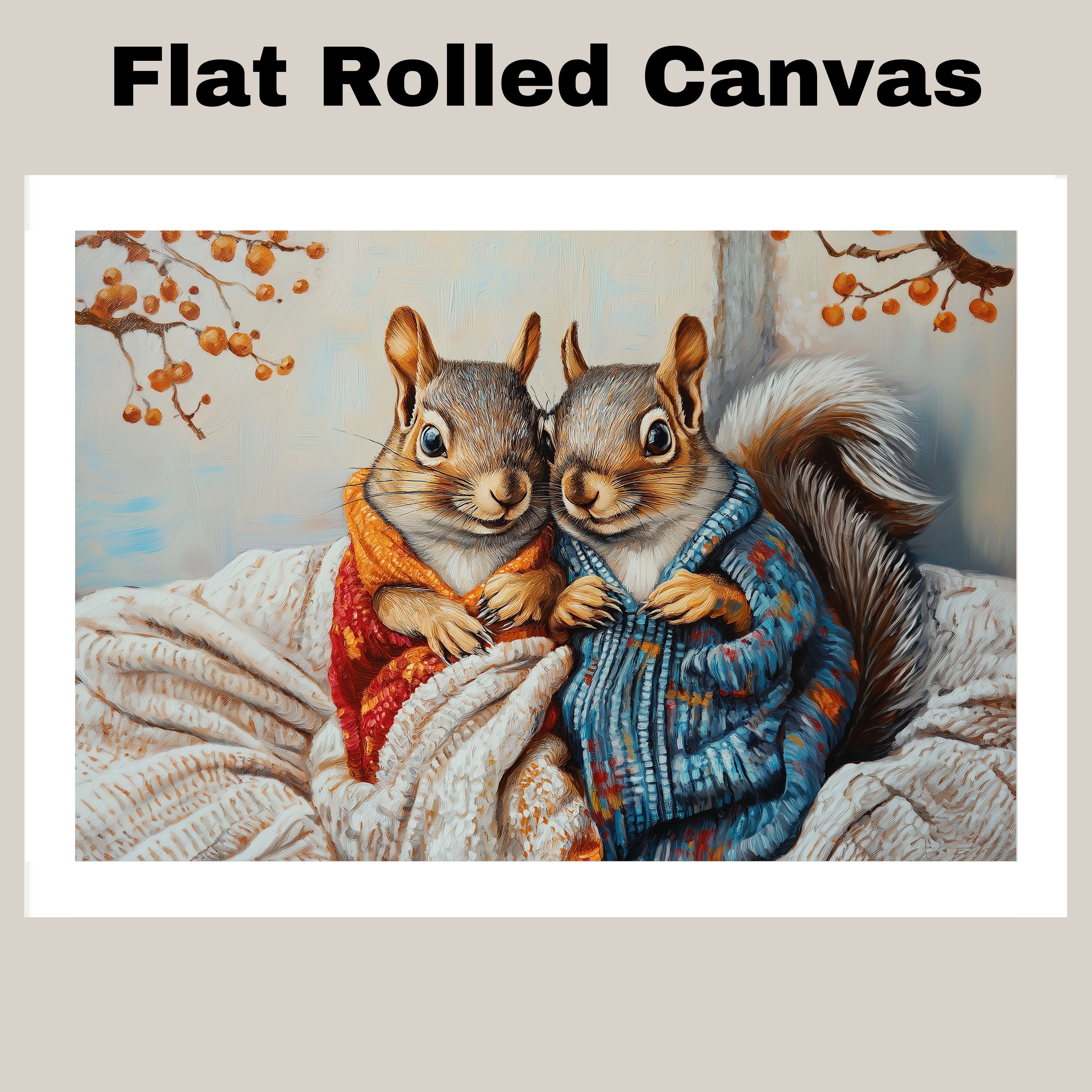 Snuggly Squirrels in Sweaters for Decor Flat Rolled, Framed or Wrapped Canvas