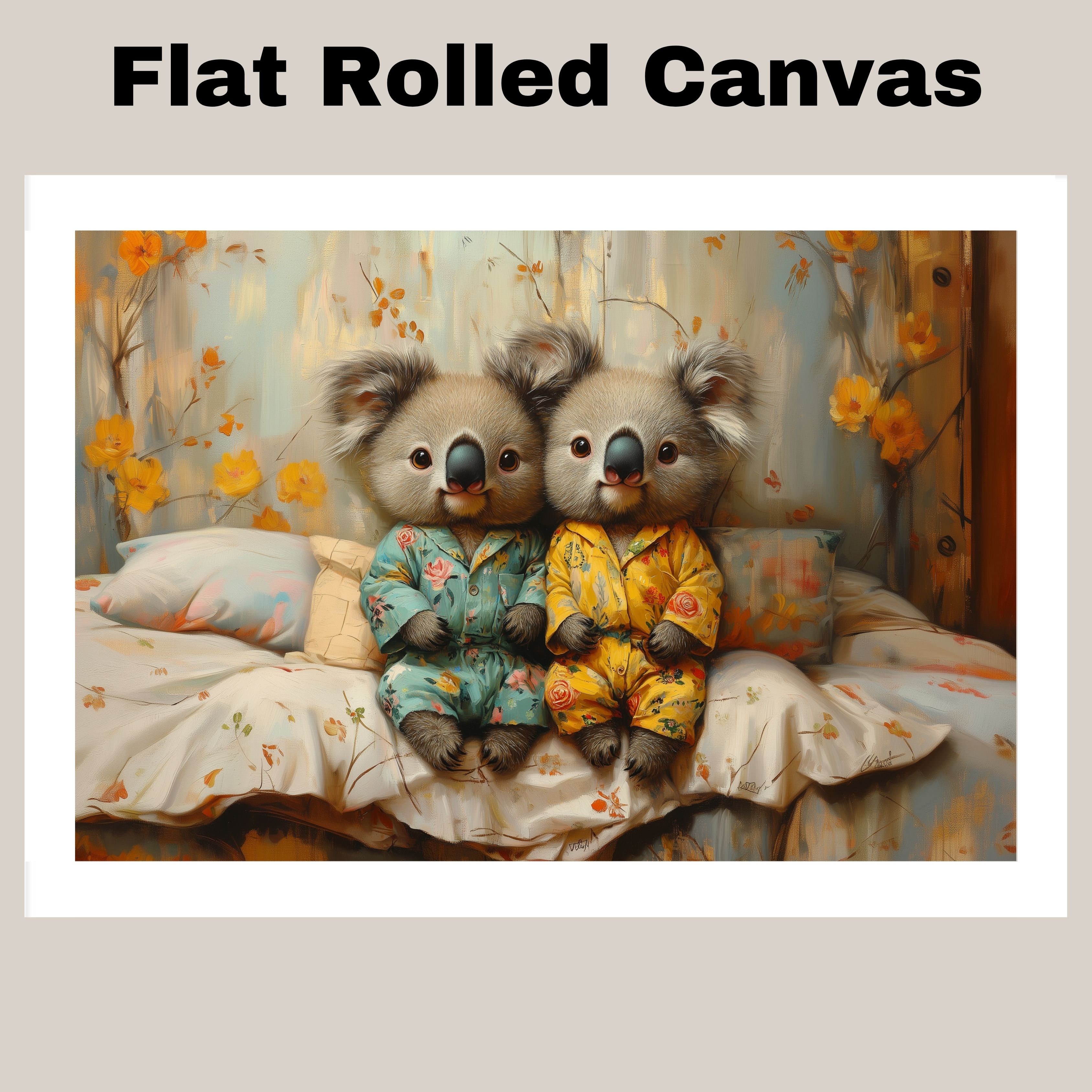Floral Pajama Koalas for Nursery Art Decor Flat Rolled, Framed or Wrapped Canvas