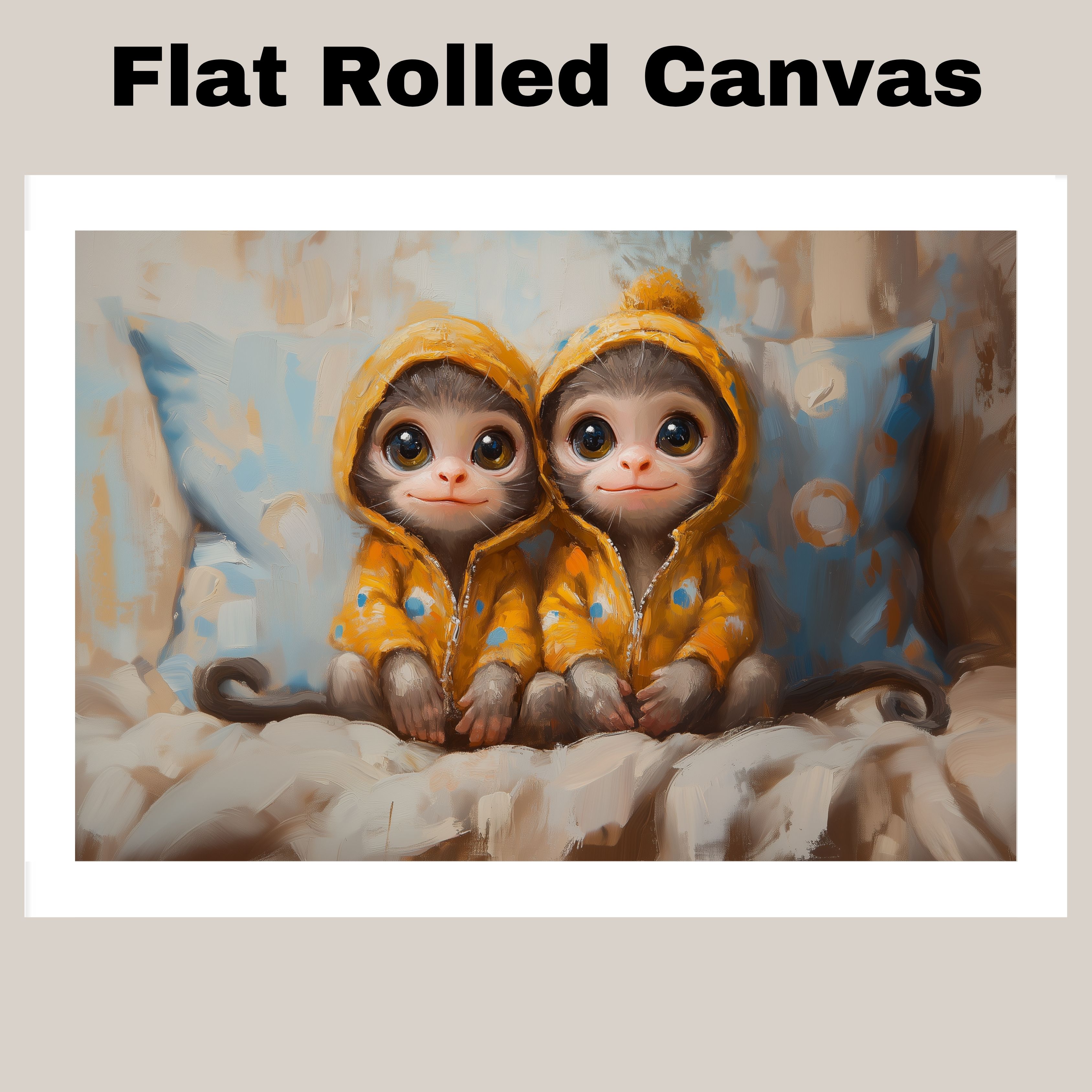 Monkeys in Yellow Hoodies for Kids Room Flat Rolled, Framed or Wrapped Canvas
