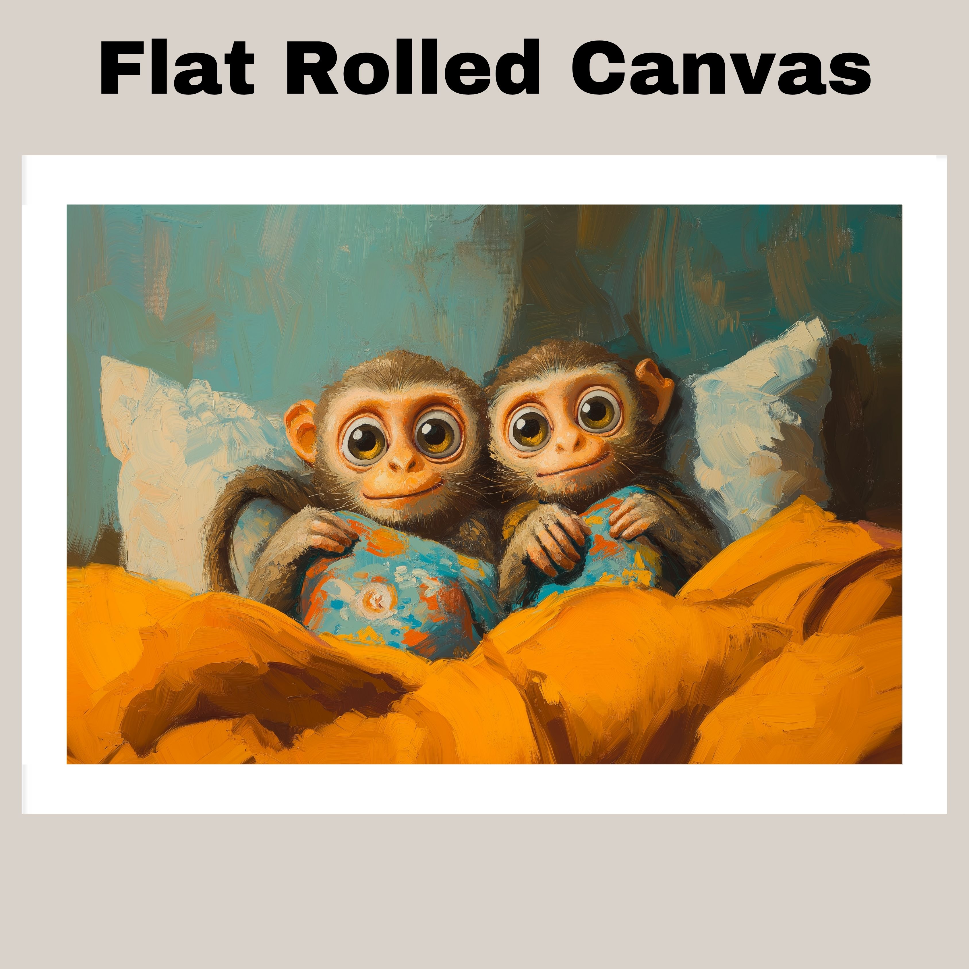 Snuggly Baby Monkeys in Bed for Wall Decor Flat Rolled, Framed or Wrapped Canvas