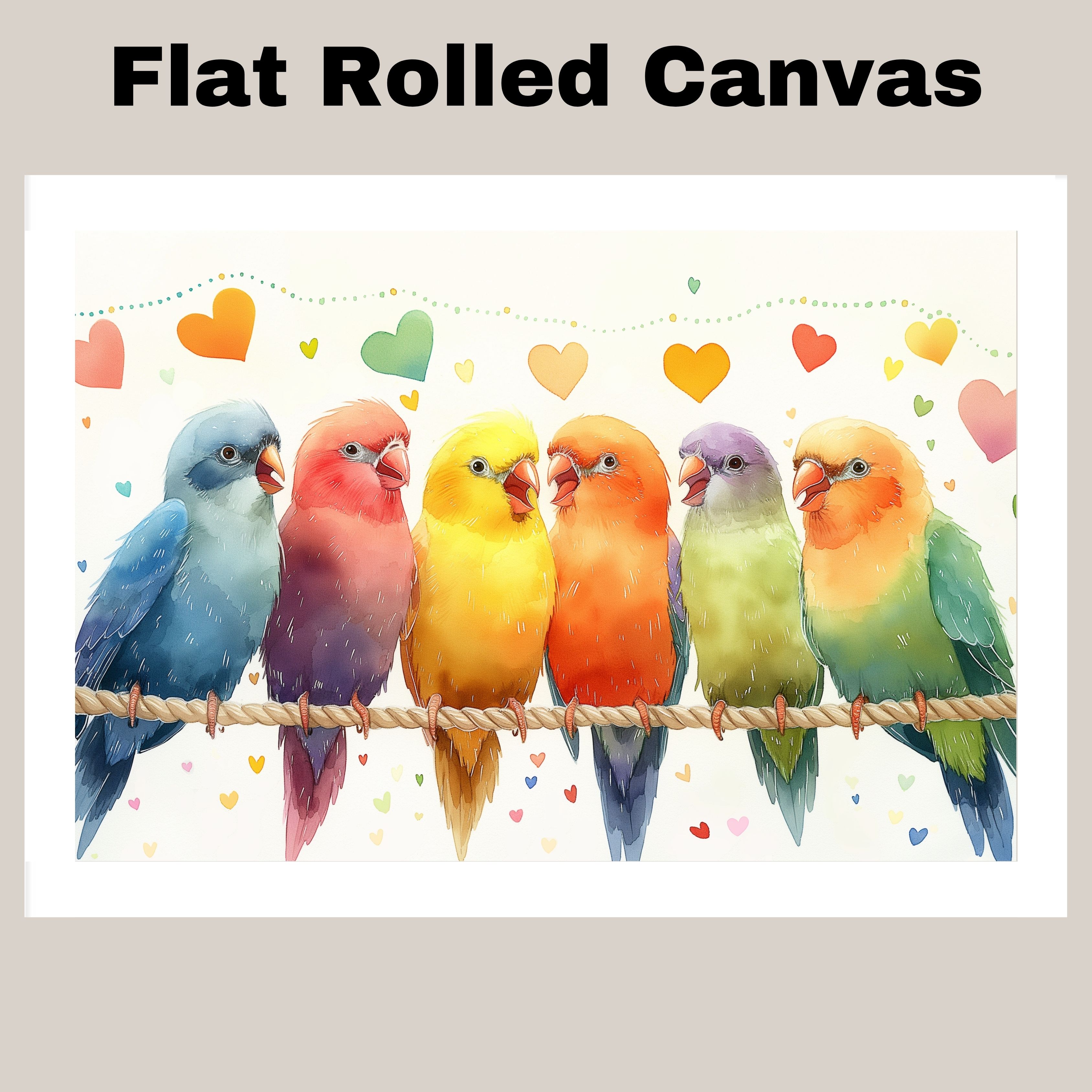 Watercolor Lovebirds in Rainbow Colors Flat Rolled, Framed or Wrapped Canvas
