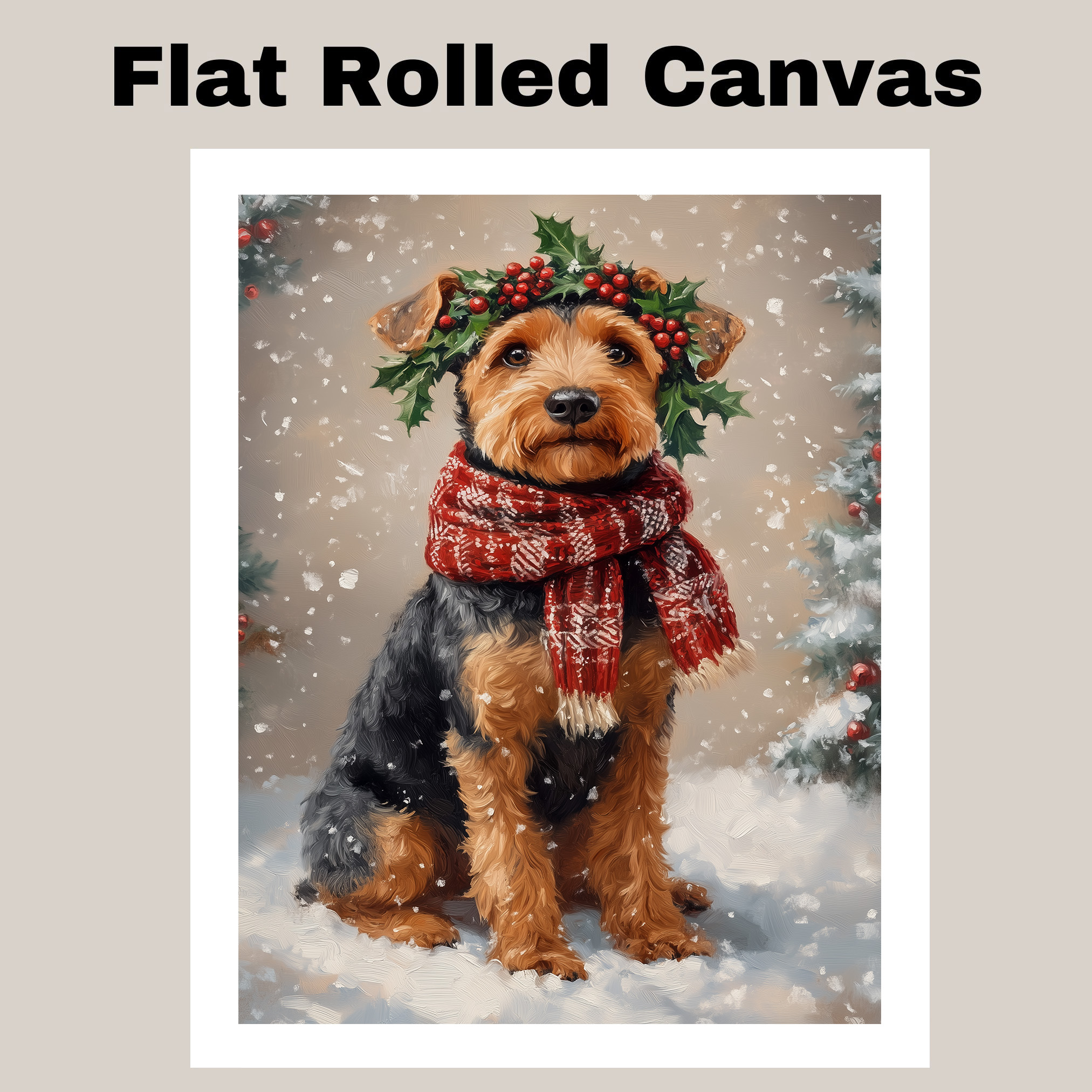 Christmas Airedale Terrier Dog Canvas Wall Art with Holly Wreath and Red Scarf
