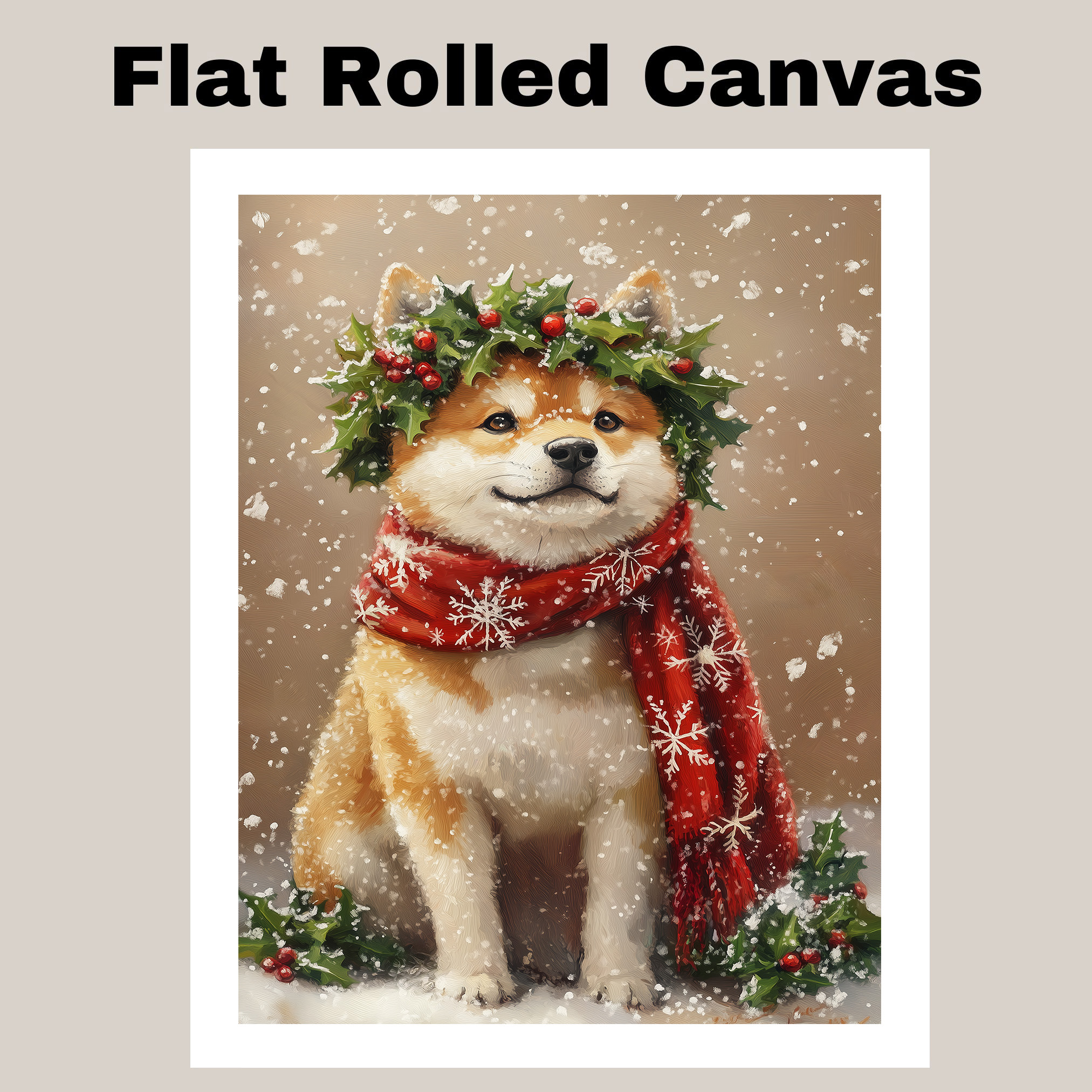 Christmas Akita Dog Holly Wreath Canvas Winter Holiday Wall Hanging Home Decor