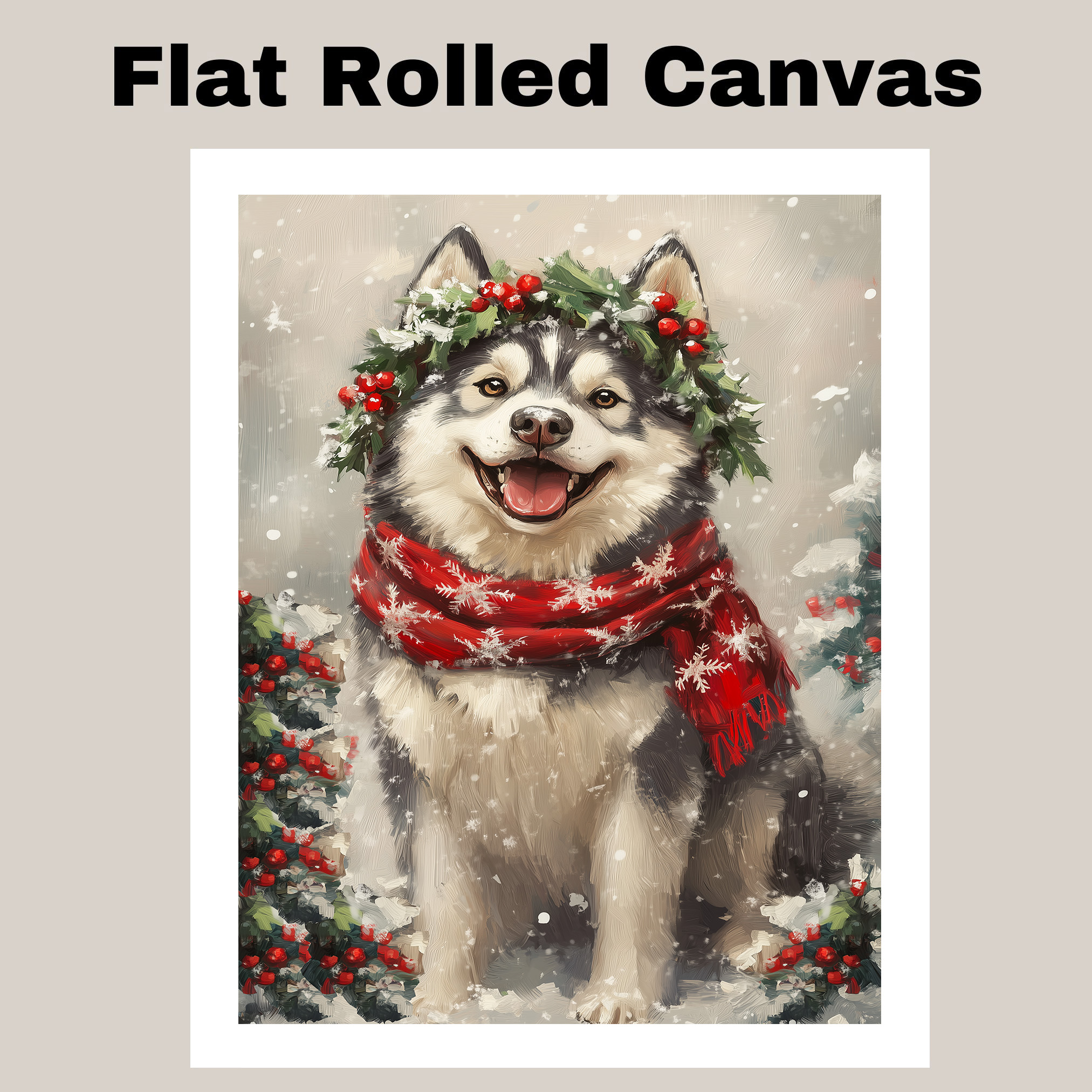Christmas Alaskan Malamute Dog Holly Canvas Print Winter Holiday Wall Decor