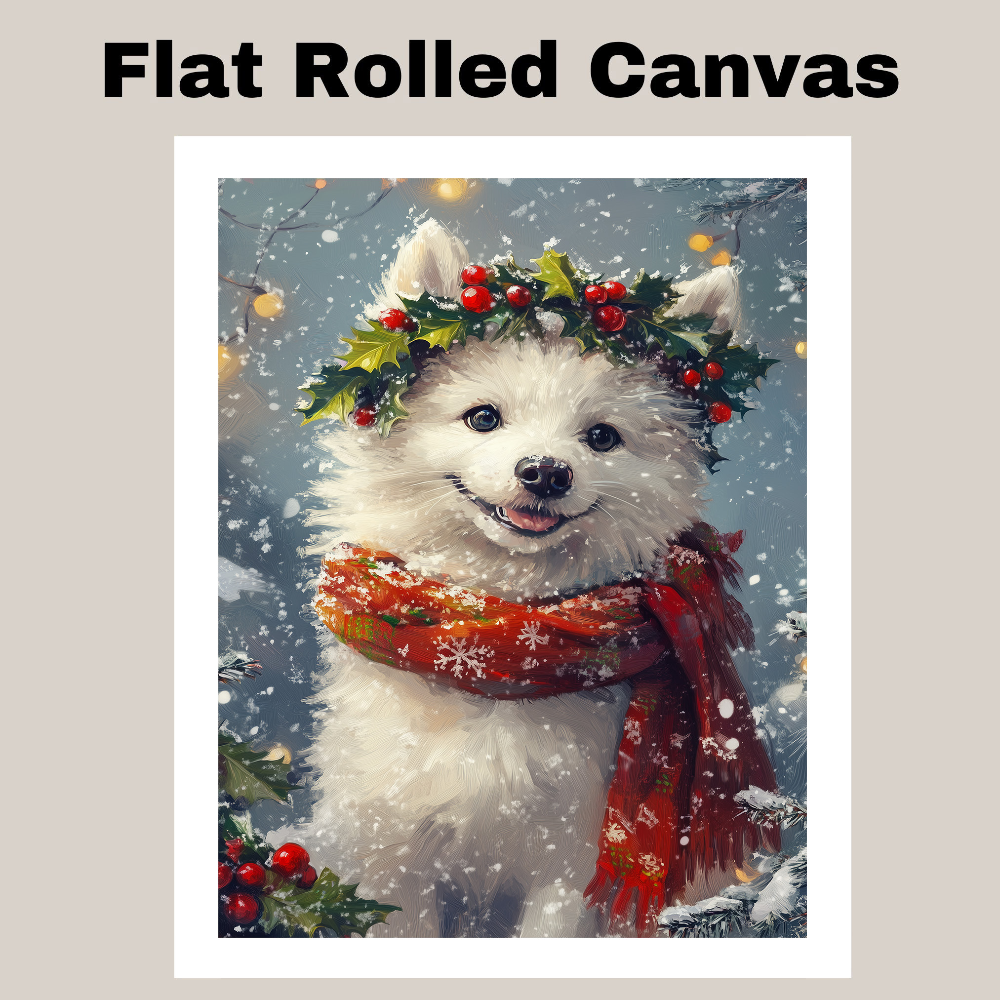 Christmas American Eskimo Dog Canvas Winter Holiday Holly Wreath Wall Decor