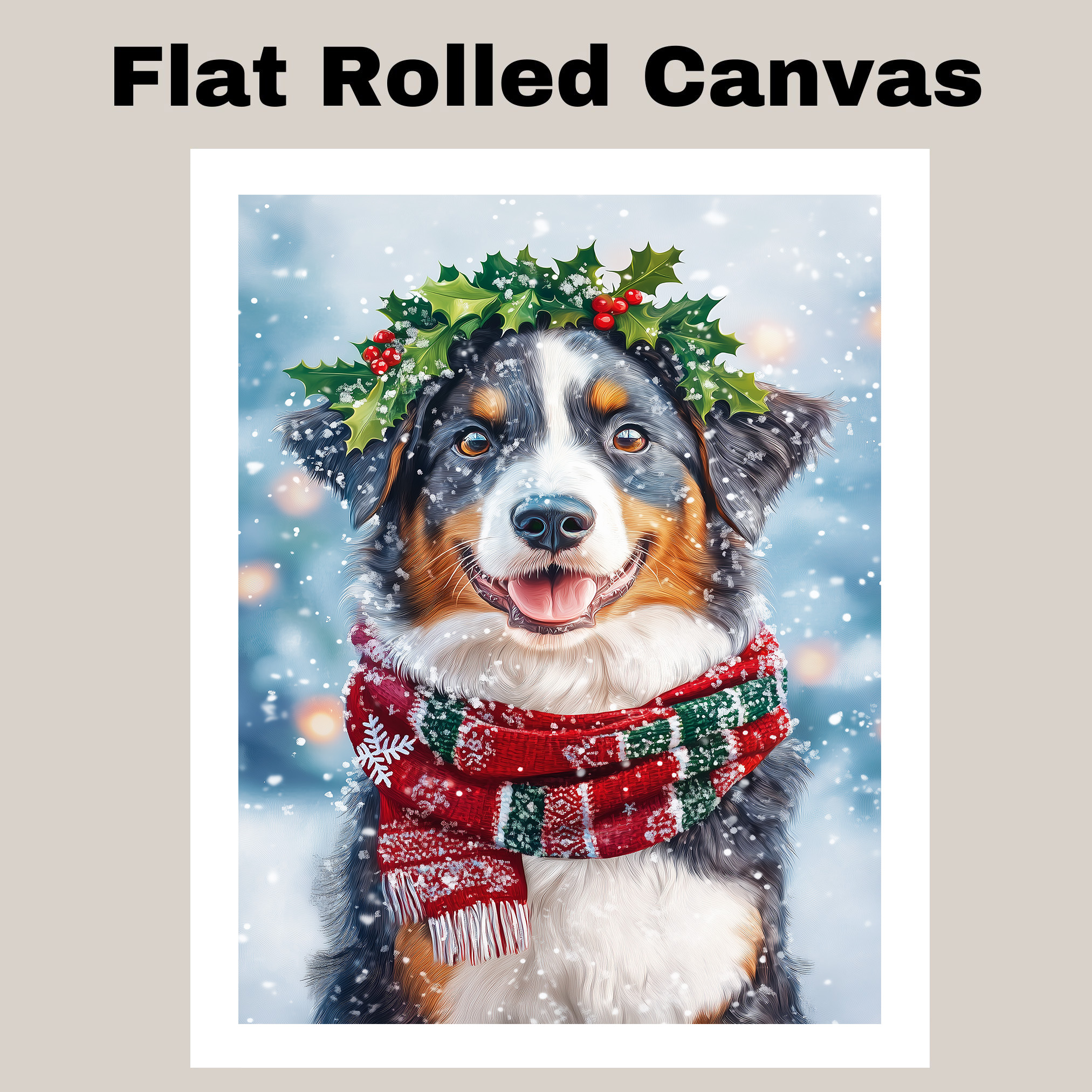 Christmas Australian Shepherd Dog Canvas Winter Holiday Holly Wreath Wall Decor
