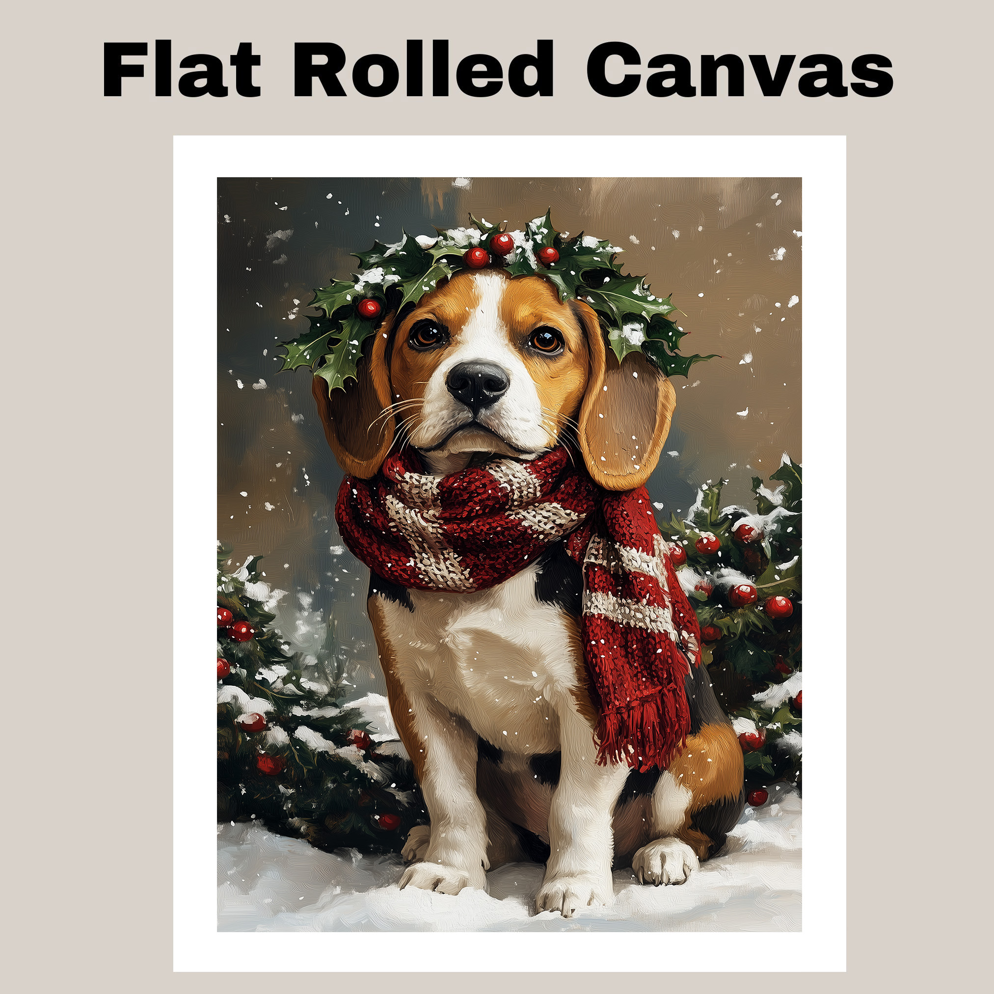 Christmas Beagle with Holly Wreath Canvas Art for Winter Snow Home Wall Decor