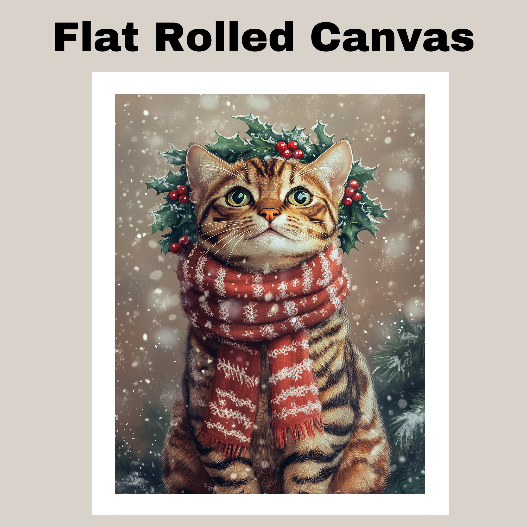 Christmas Bengal Cat with Red Scarf Canvas for Winter Home Living Room Decor