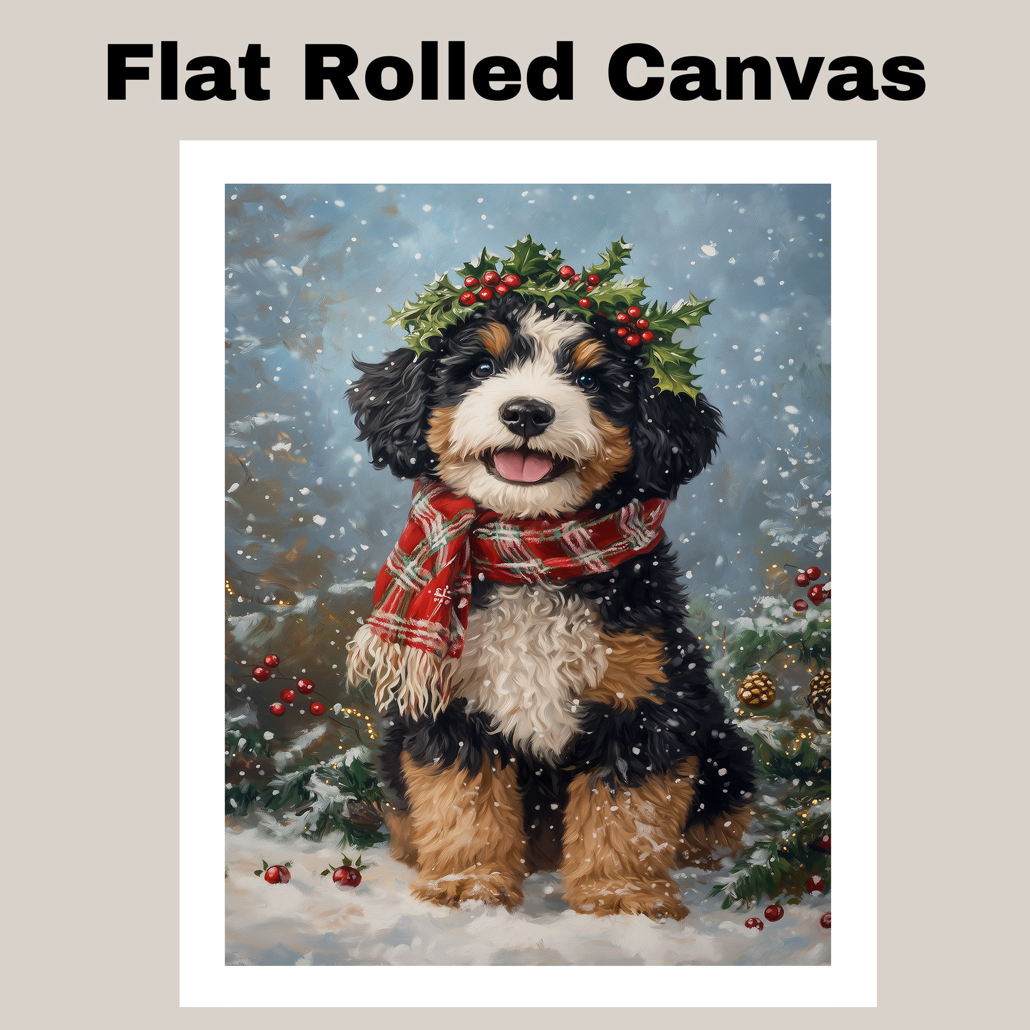 Bernedoodle Holly Berries Wreath Dog Canvas for Christmas Winter Farmhouse Decor
