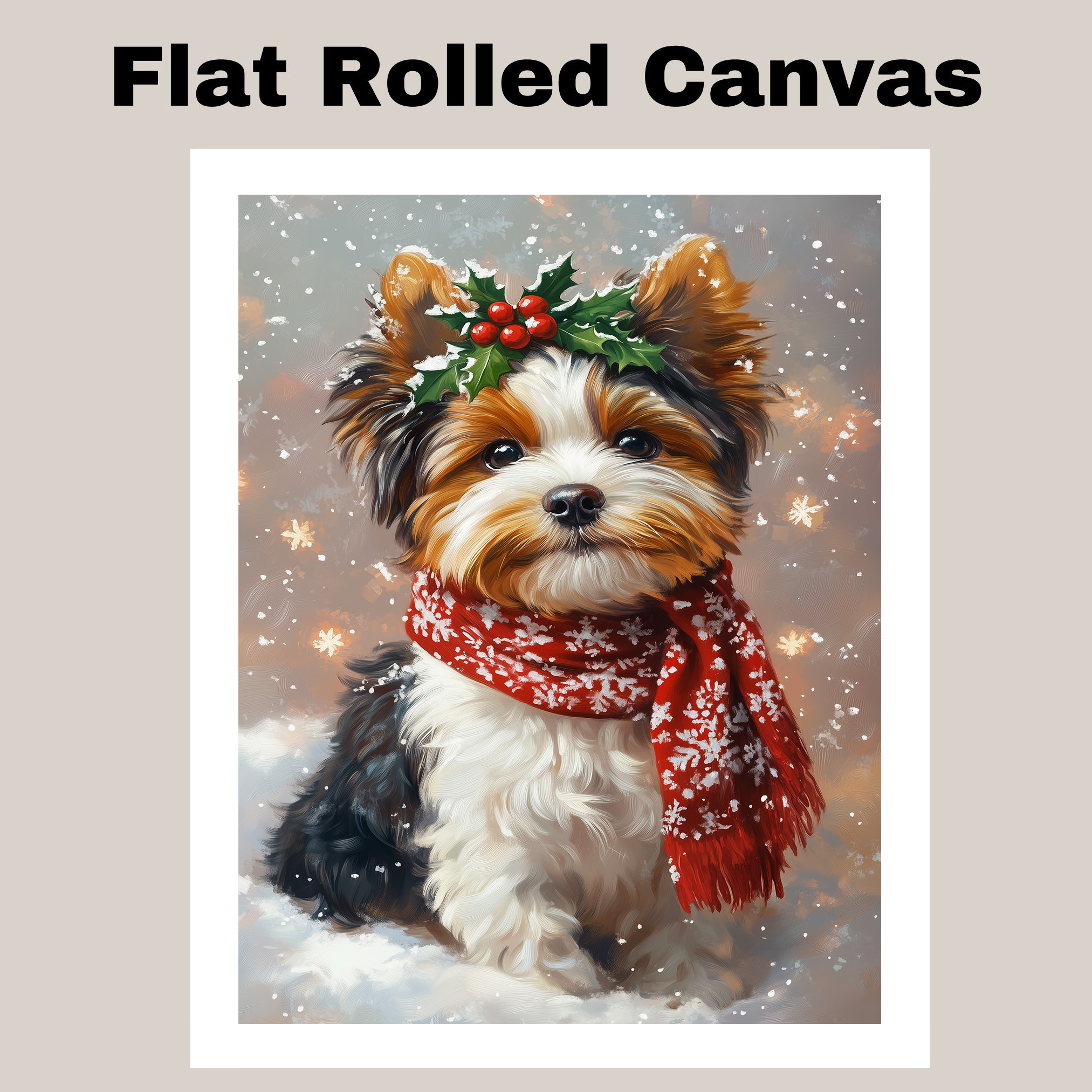Christmas Biewer with Holly Wreath Canvas Art for Winter Snow Dog Wall Decor