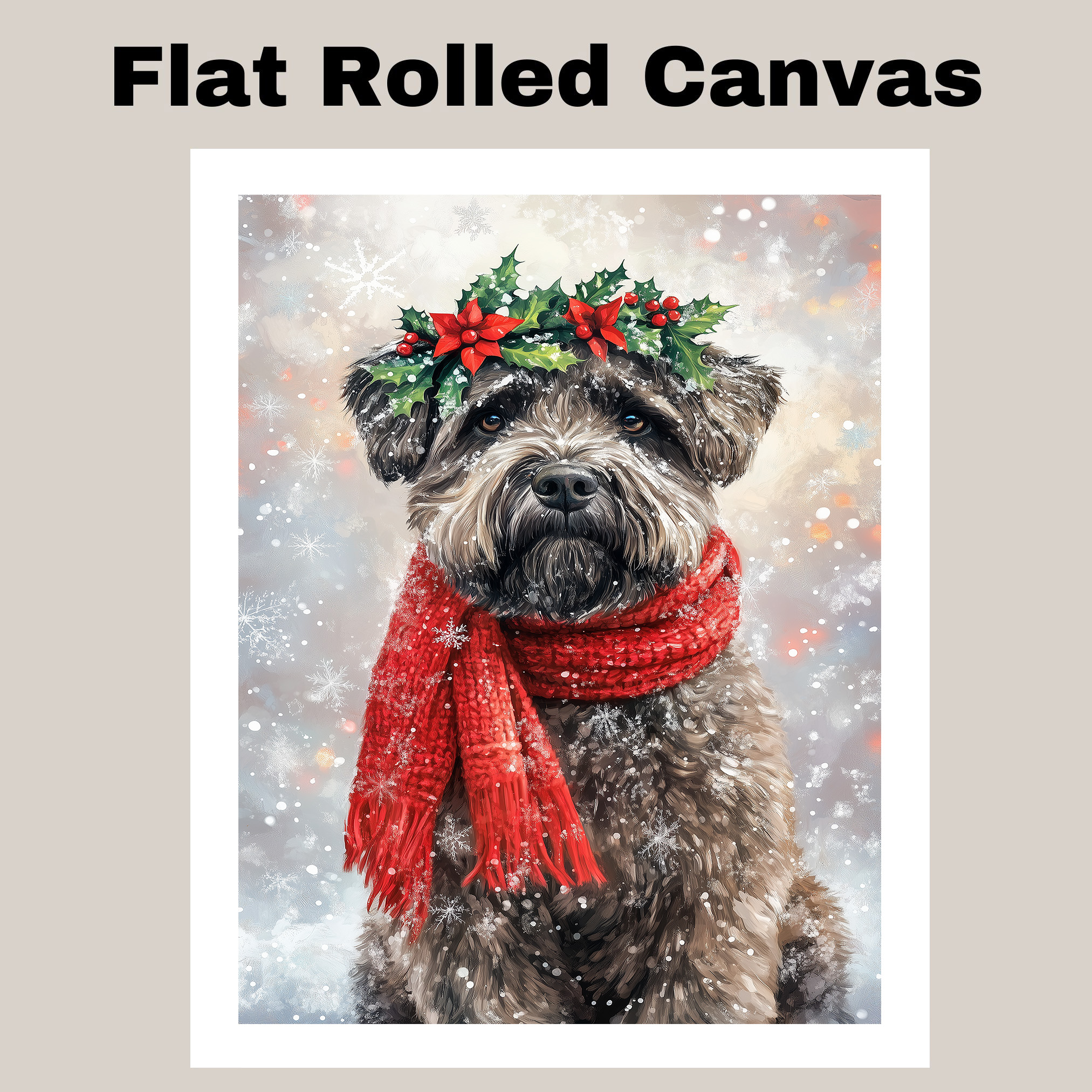 Christmas Bouvier des Flandres with Holly Wreath Canvas Art for Winter Holiday
