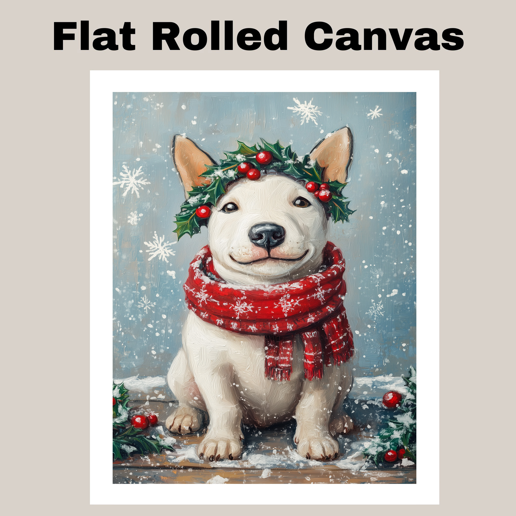 Christmas Bull Terrier Canvas Wall Art Snowy Dog Decor for Winter Holiday Gifts