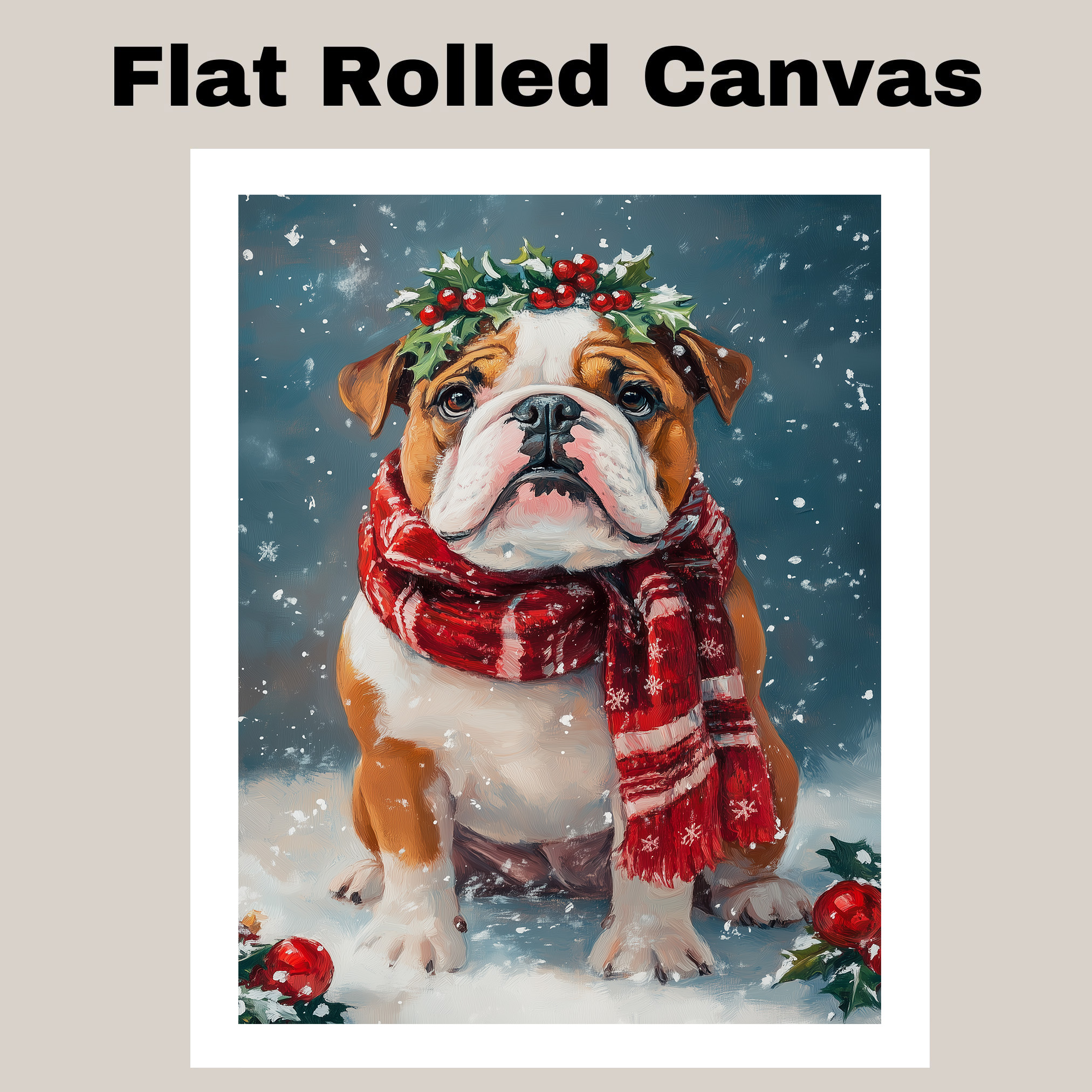Christmas Bulldog Holly Berries Wreath Canvas for Xmas Winter Farmhouse Decor
