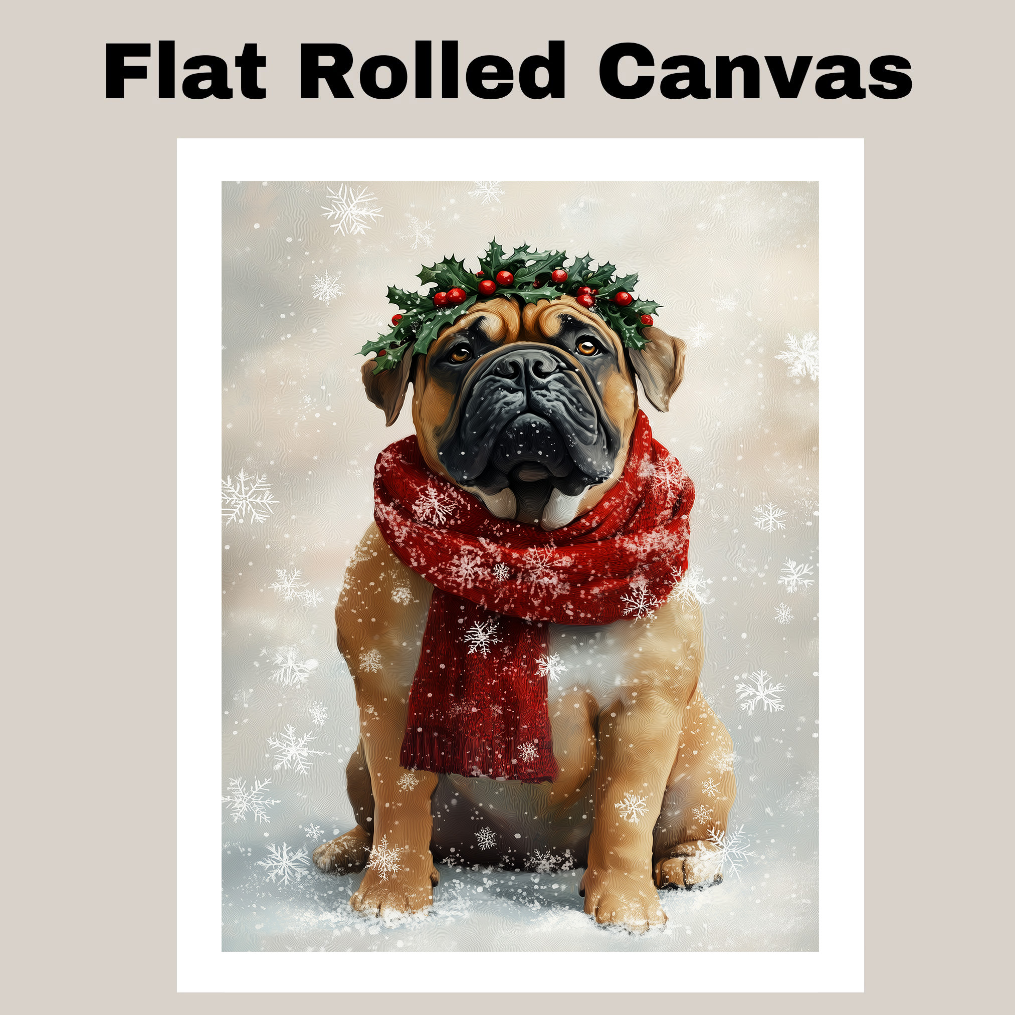 Christmas Bullmastiff with Holly Wreath Canvas for Winter Snow Dog Wall Decor