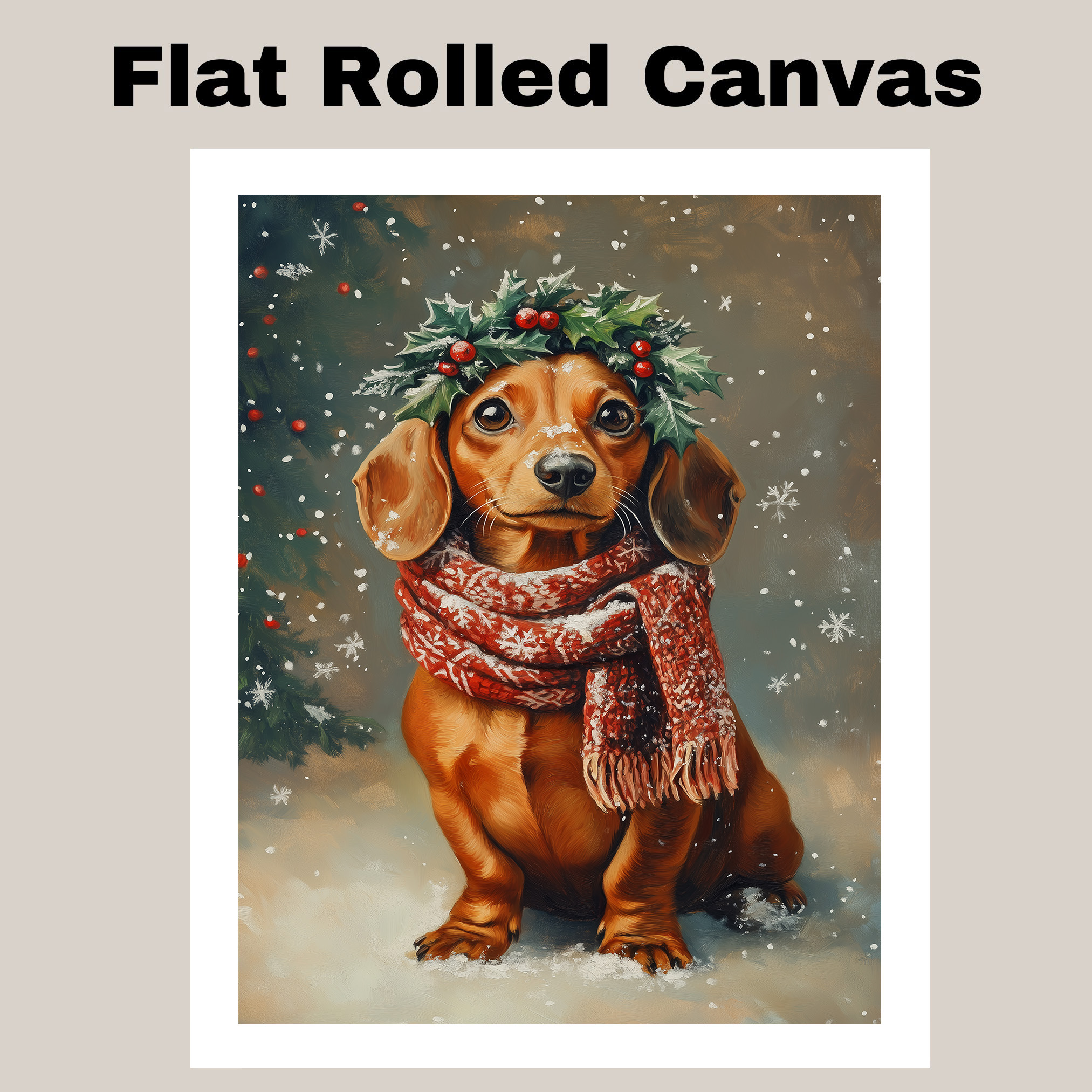 Dachshund Christmas Canvas Winter Snow Dog with Holly Wreath Holiday Wall Art