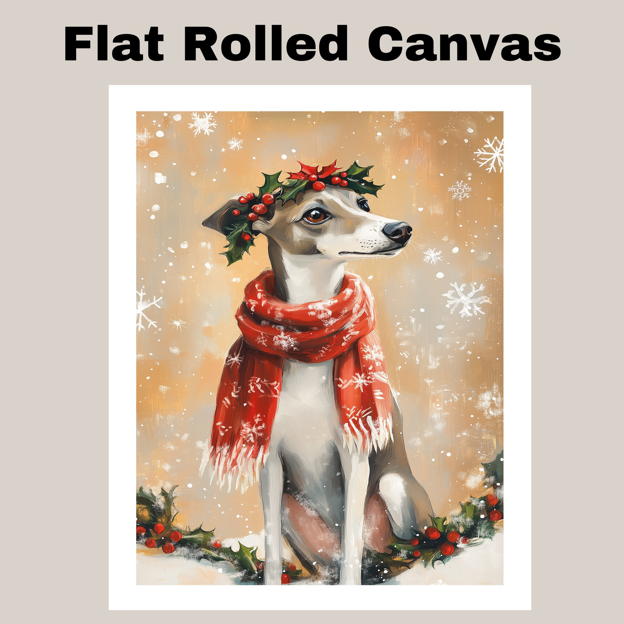 Christmas Greyhound with Red Scarf and Holly Canvas Print Gift for Dog Lovers