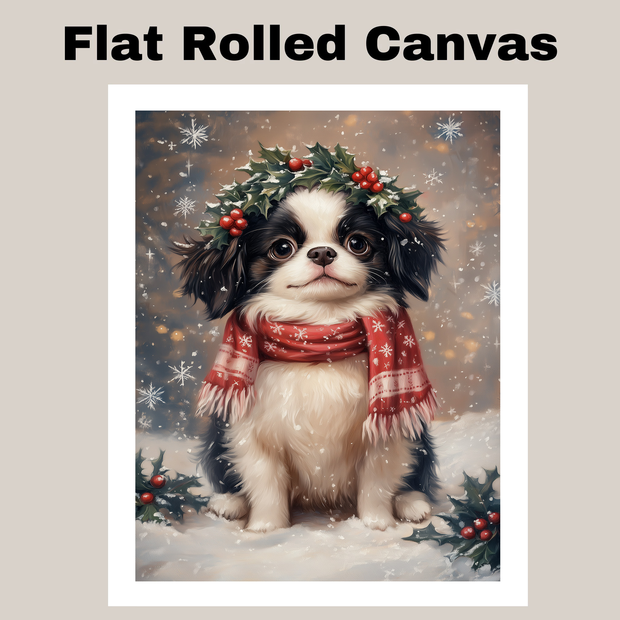 Holiday Japanese Chin Dog with Holly Crown Winter Dog Canvas for Christmas Decor