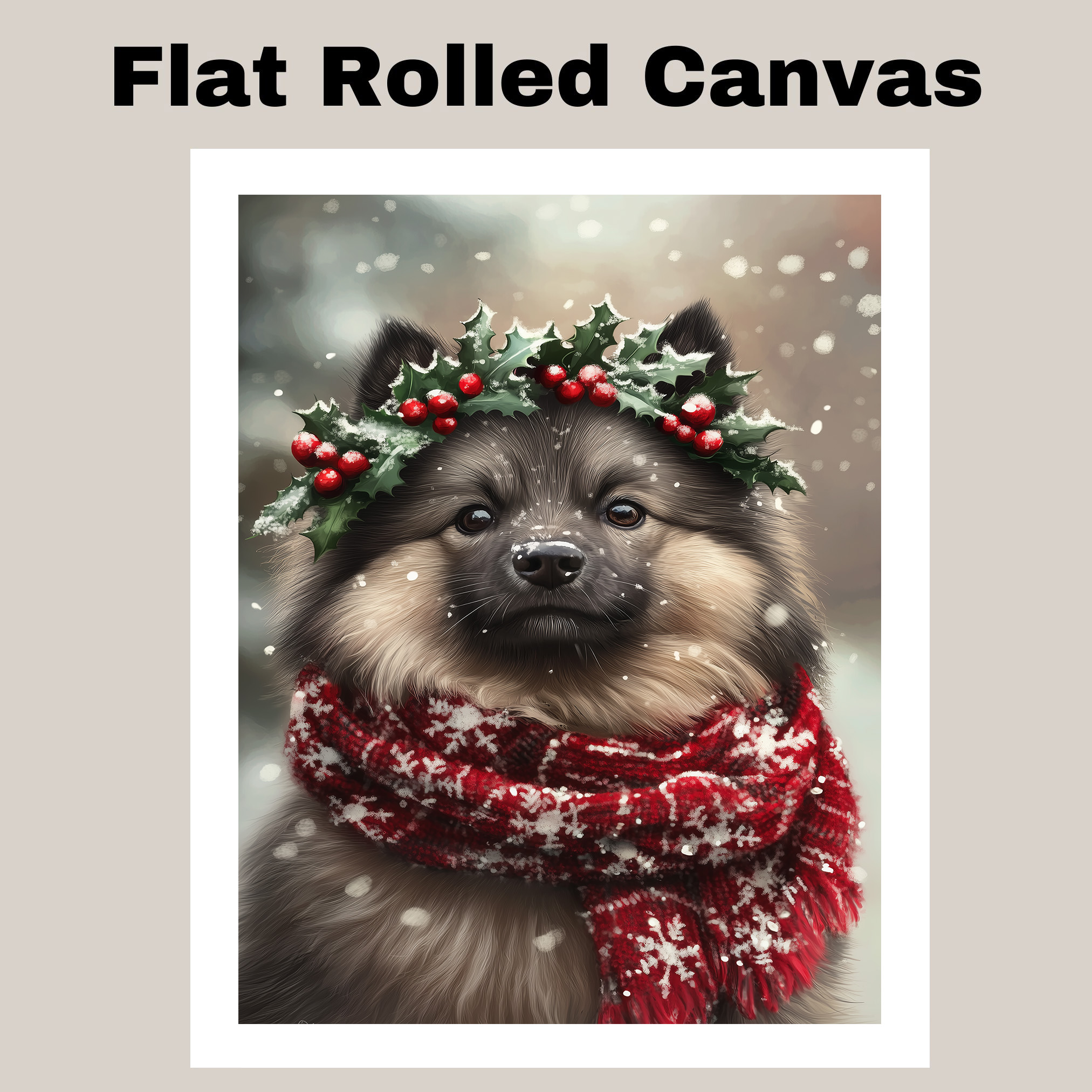 Christmas Keeshond with Holly Wreath Canvas for Winter Snow Dog Wall Decor Gifts