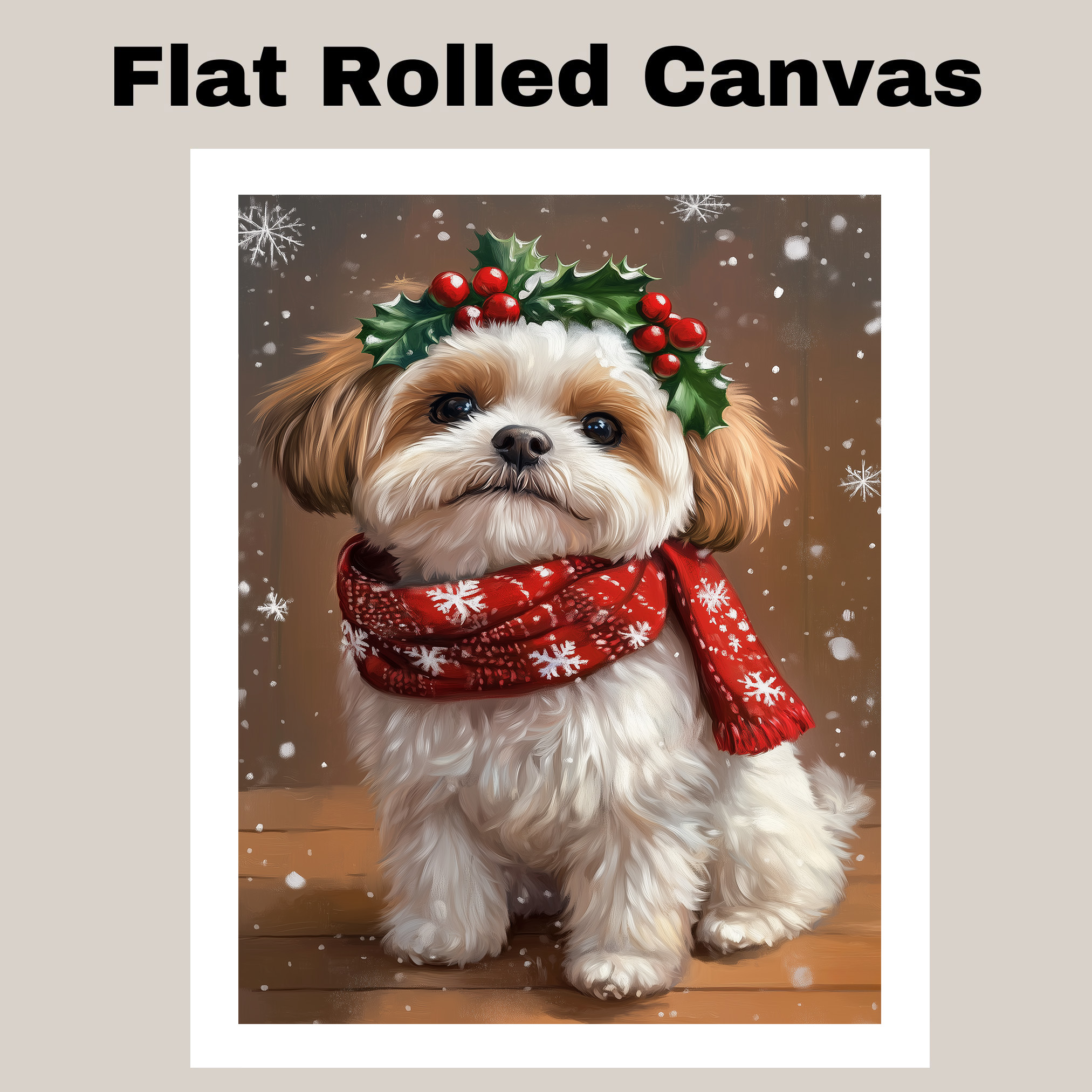 Christmas Malti Tzu Holly Crown Dog Canvas Print Gift for Dog Lovers Festive Art