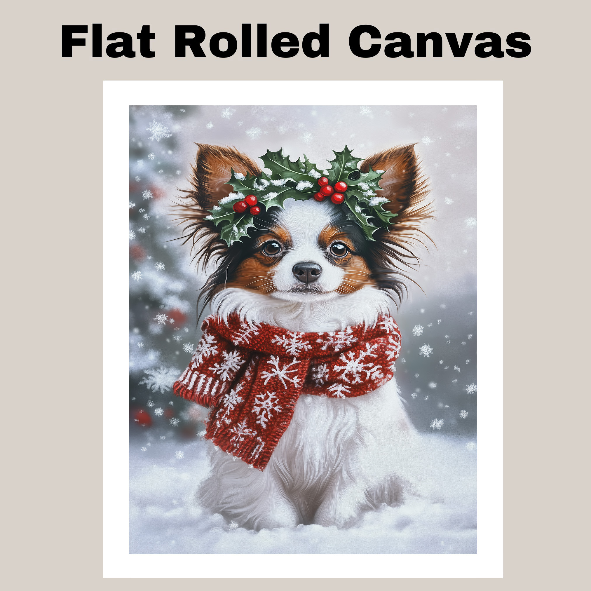 Christmas Papillon Wall Art with Holly Wreath Dog Canvas Print for Living Room