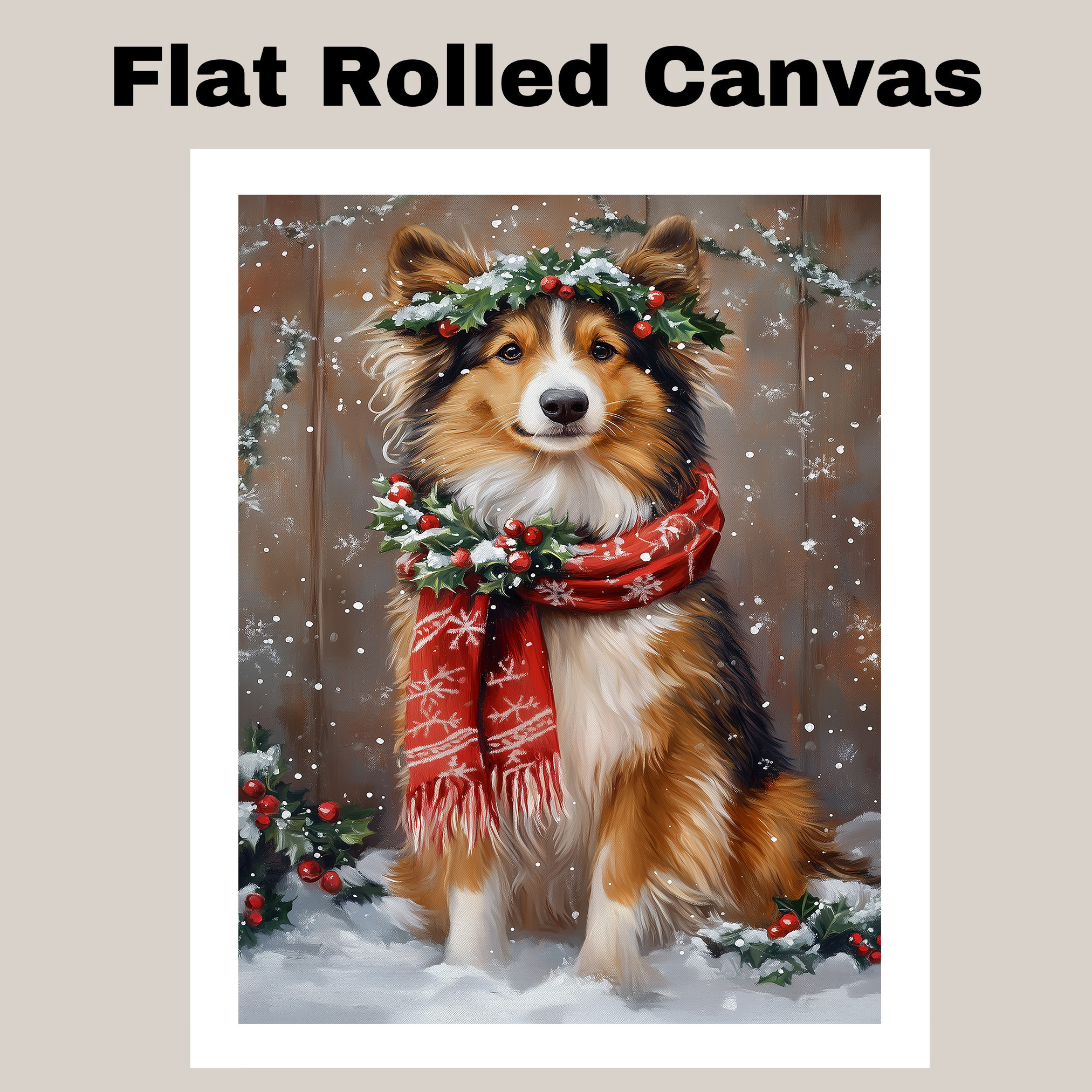 Rough Collie Dog with Red Scarf and Holly Christmas Dog Canvas for Home Decor