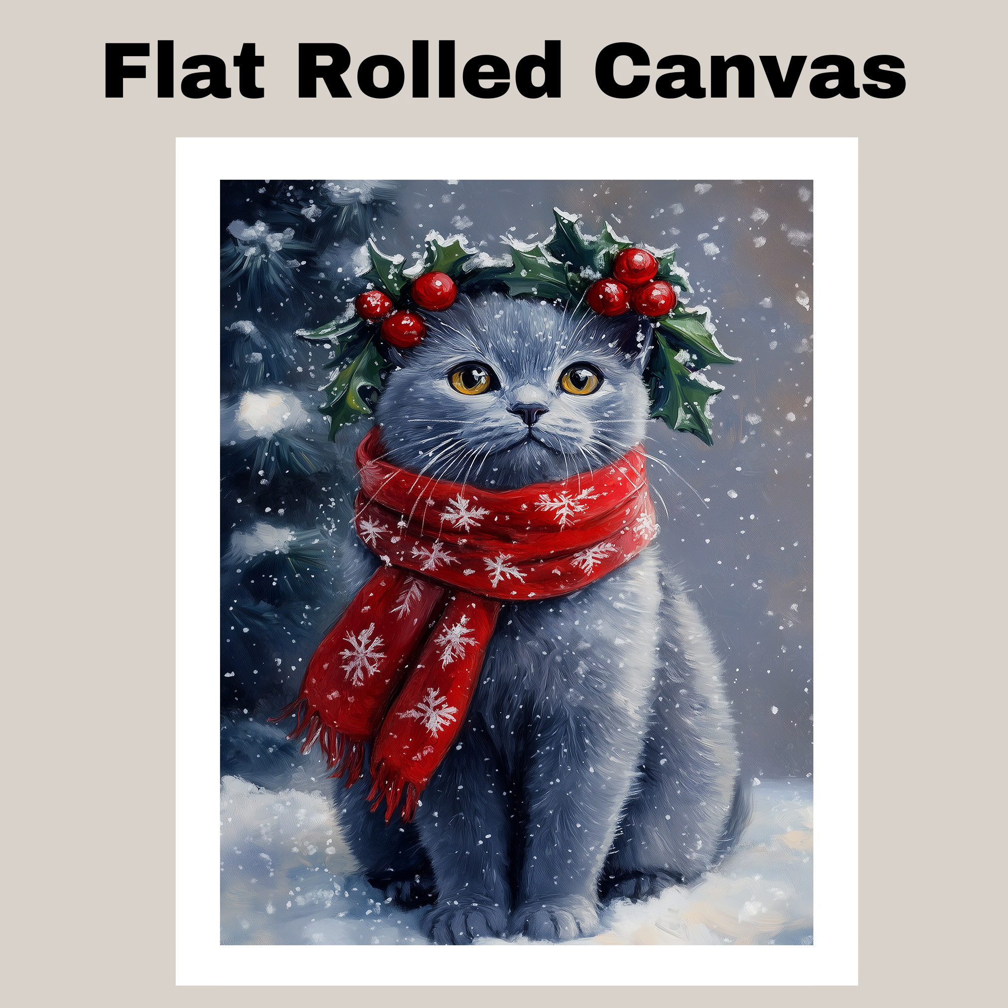 Russian Blue Cat Canvas Wall Art for Christmas Festive Winter Home Decor Gifts