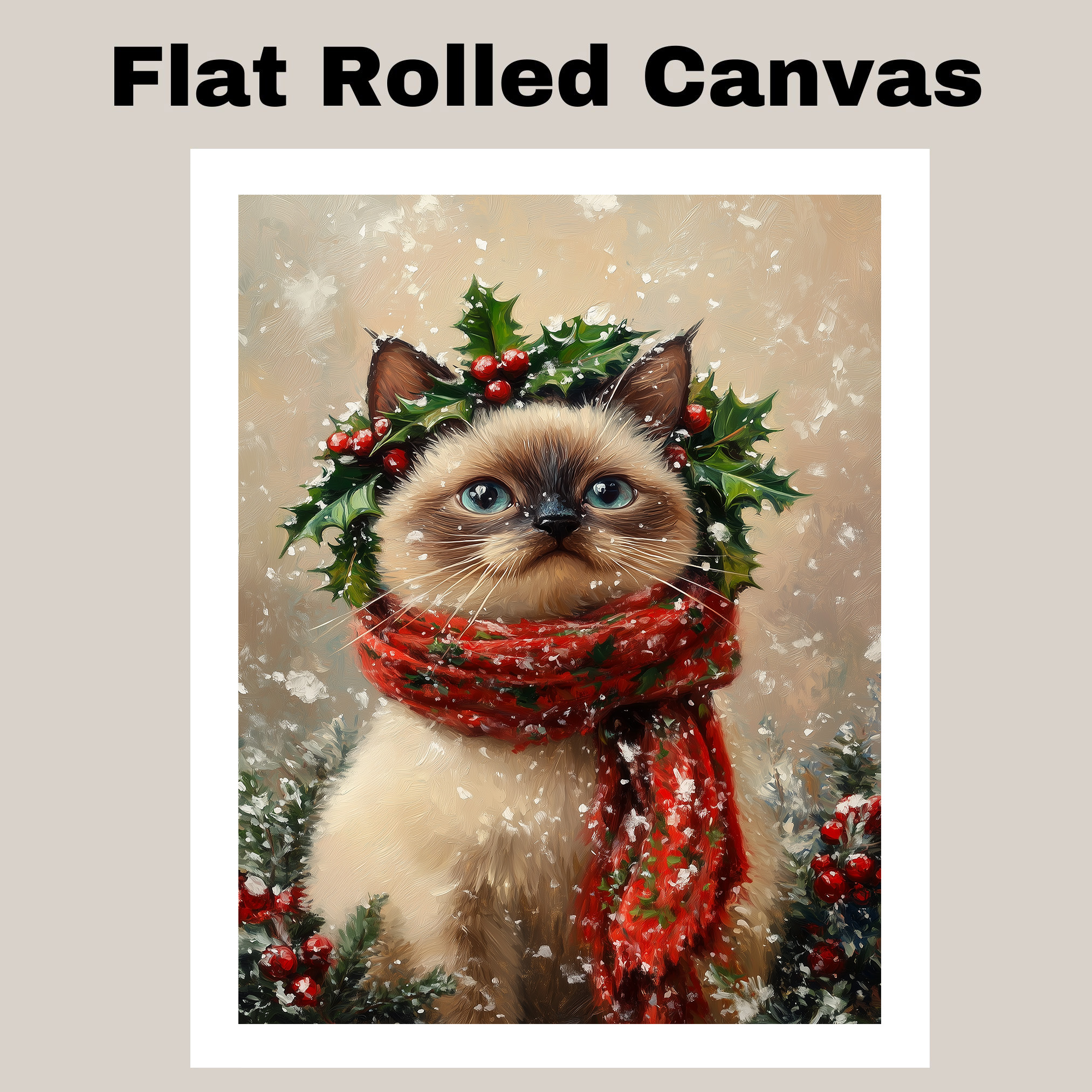 Christmas Siamese Cat Wall Art with Scarf and Holly Wreath Festive Kitten Canvas
