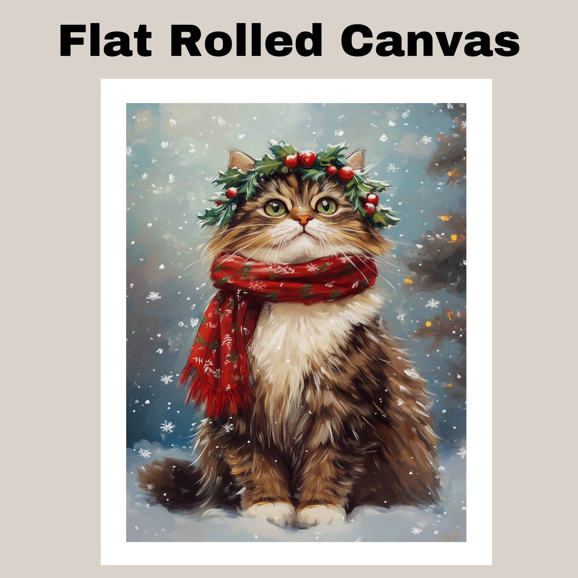Christmas Snow Siberian Cat Wall Art with Scarf Wreath Festive Kitten Canvas