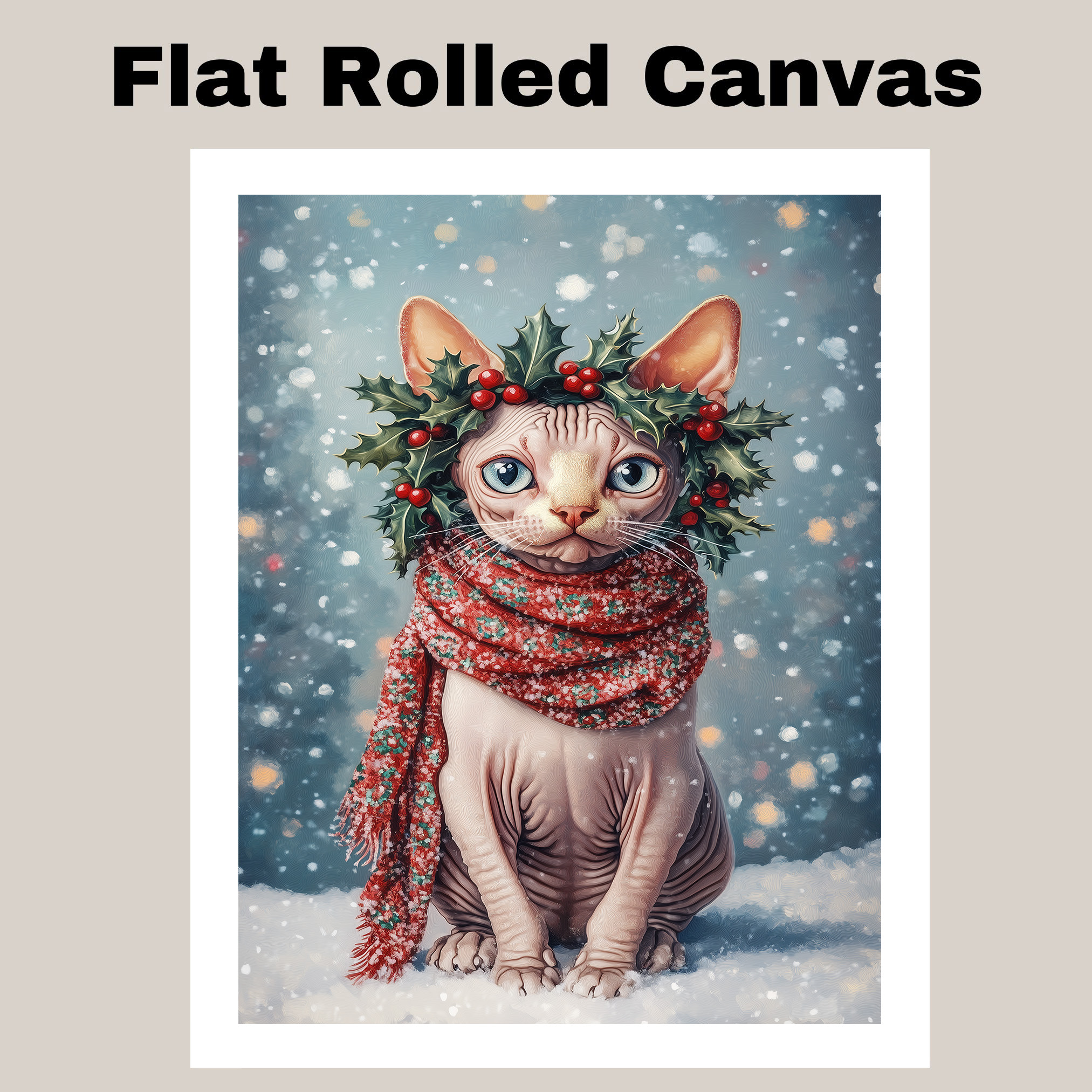 Christmas Sphynx Cat Wall Art with Scarf Wreath Festive Holiday Kitten Canvas