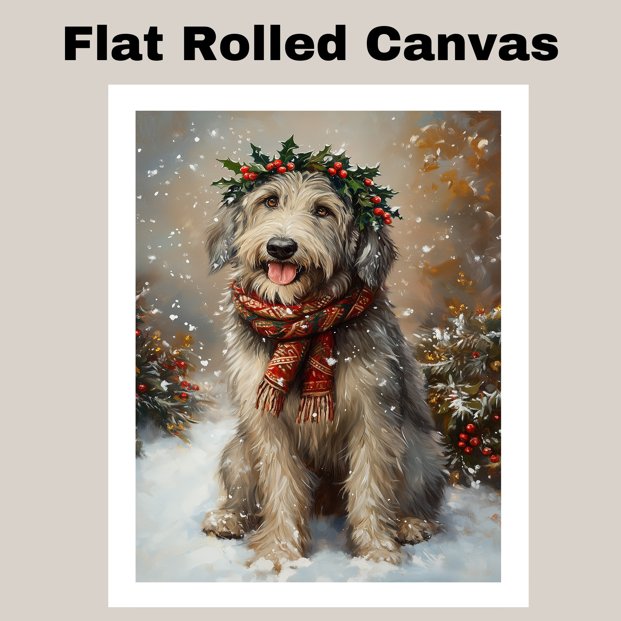 Wolfhound Christmas Canvas Art Rustic Winter Holly Wreath Holiday Dog Home Decor