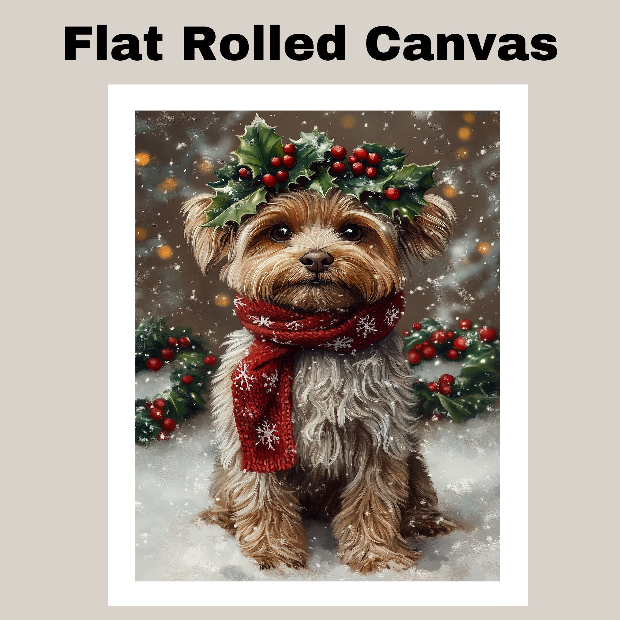 Yorkipoo Christmas Dog Canvas Festive Winter Pet with Holly Wreath Home Decor