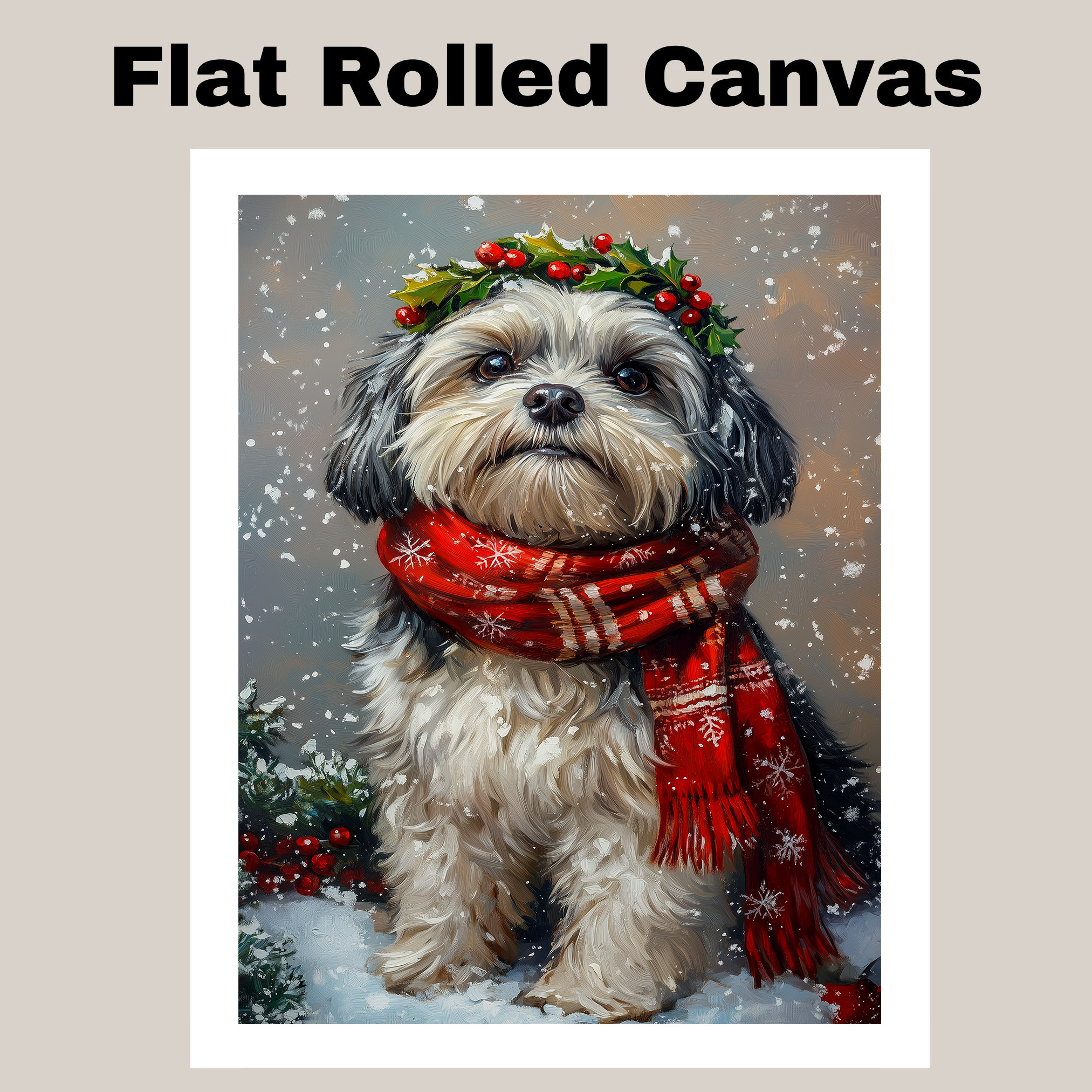 Lhasa Apso Dog with Red Scarf Festive Dog Canvas Print for Christmas Home Decor