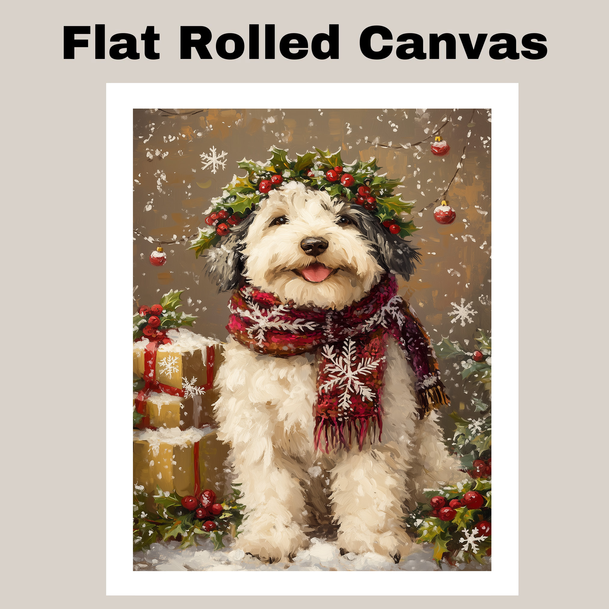 Christmas Snow Old English Sheepdog Canvas Wall Art with Holly Crown Home Decor