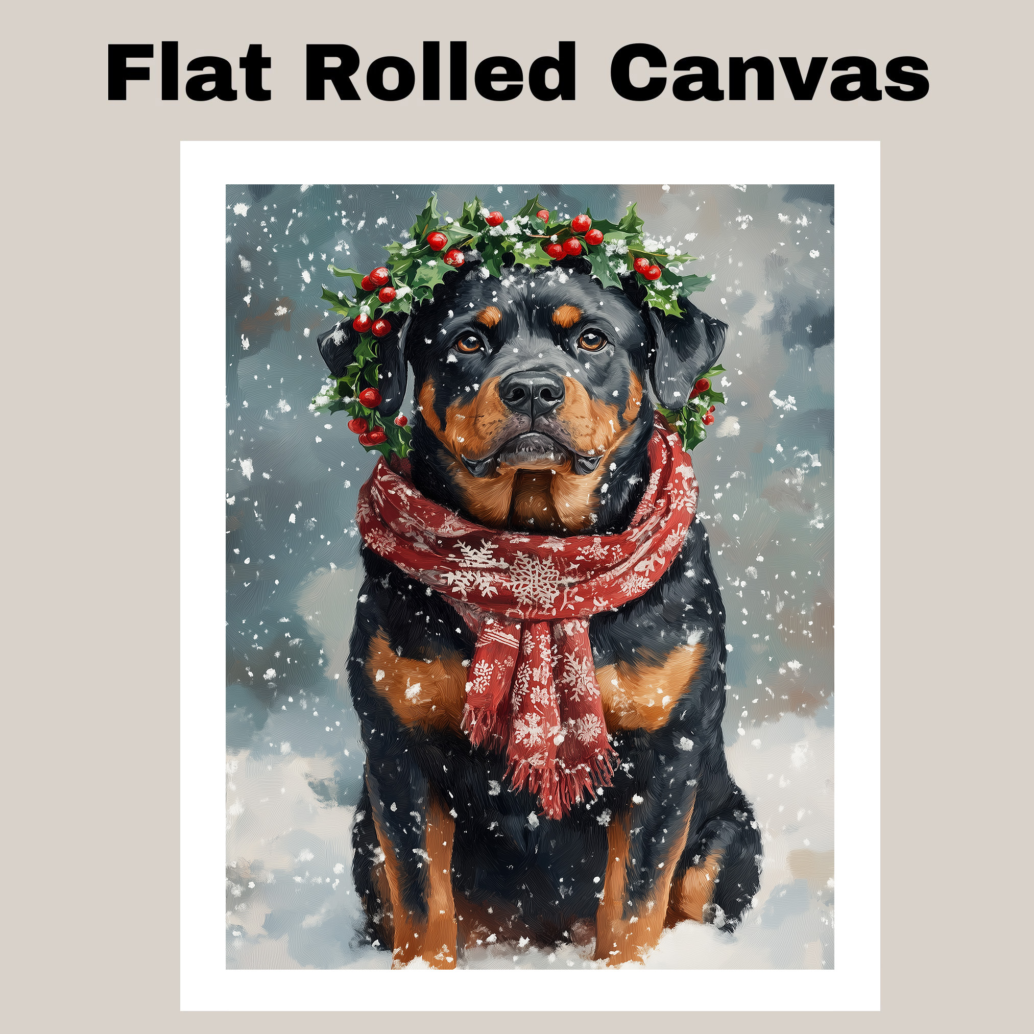 Festive Winter Rottweiler Dog Portrait with Red Scarf and Holly Christmas Canvas